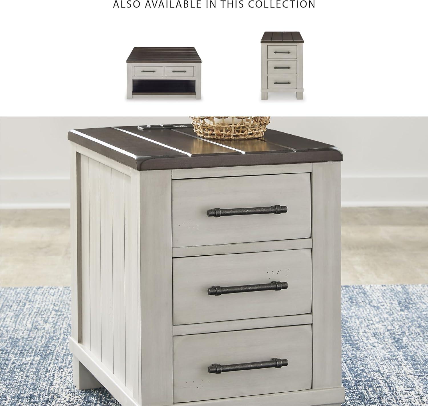 imageSignature Design by Ashley Darborn Farmhouse Chairside End Table with 3 Drawers Power Supply and USB Ports Light Gray ampamp Dark Brown