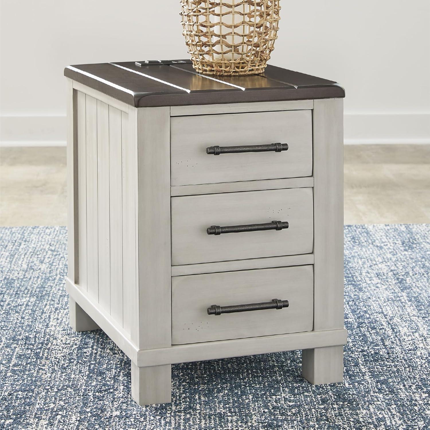 imageSignature Design by Ashley Darborn Farmhouse Chairside End Table with 3 Drawers Power Supply and USB Ports Light Gray ampamp Dark Brown