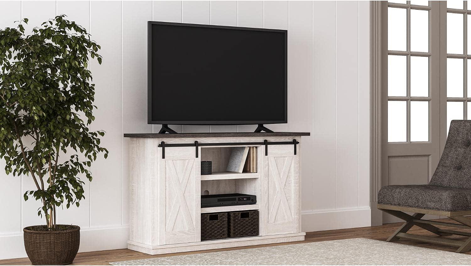 imageSignature Design by Ashley Dorrinson Farmhouse TV Stand Fits TVs up to 50quot with Sliding Barn Doors and Storage Shelves Whitewash ampamp GrayWhitewash
