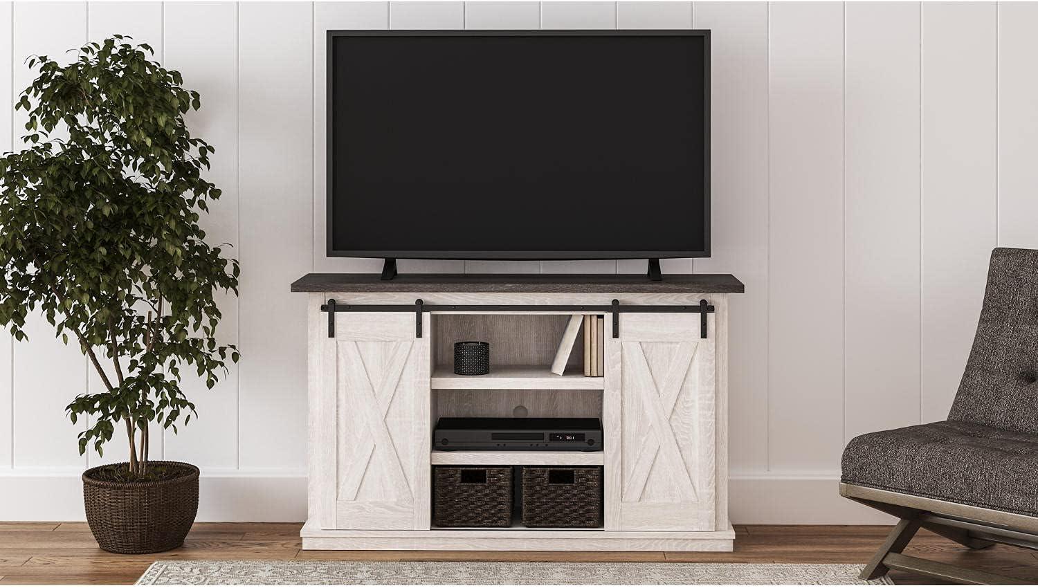 imageSignature Design by Ashley Dorrinson Farmhouse TV Stand Fits TVs up to 50quot with Sliding Barn Doors and Storage Shelves Whitewash ampamp GrayWhitewash
