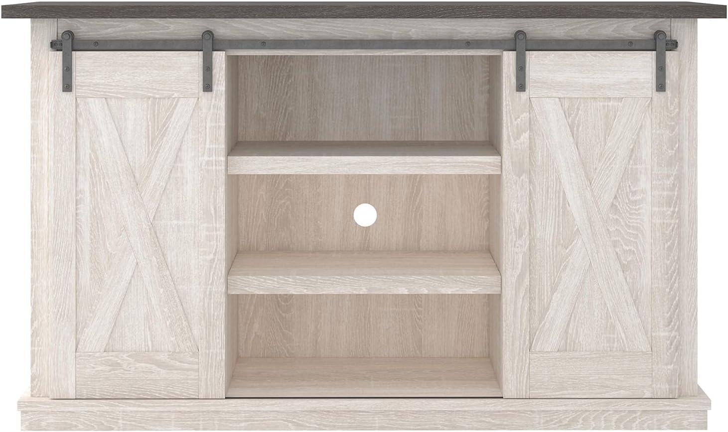 imageSignature Design by Ashley Dorrinson Farmhouse TV Stand Fits TVs up to 50quot with Sliding Barn Doors and Storage Shelves Whitewash ampamp GrayWhitewash