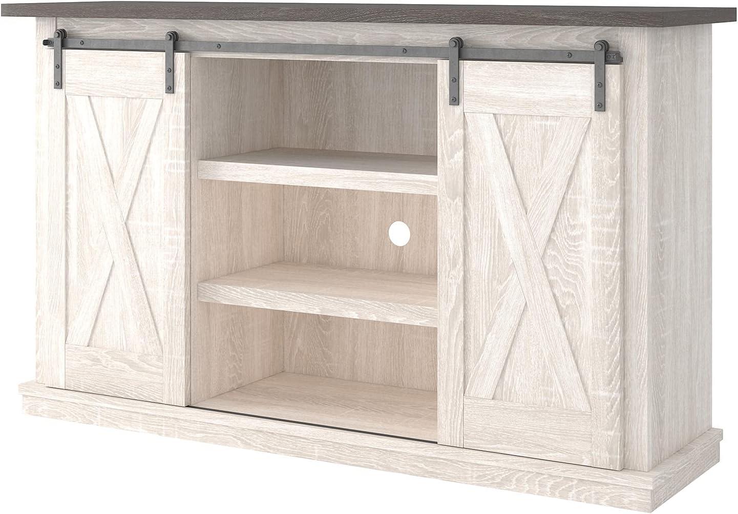 imageSignature Design by Ashley Dorrinson Farmhouse TV Stand Fits TVs up to 50quot with Sliding Barn Doors and Storage Shelves Whitewash ampamp GrayWhitewash