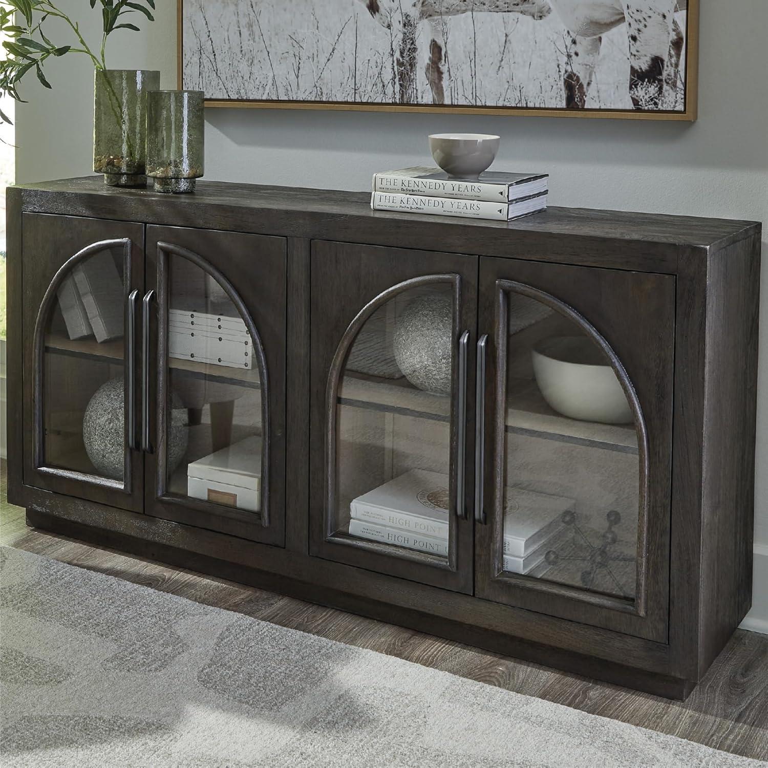 imageSignature Design by Ashley Dreley Classic 4Door Accent Cabinet Dark Brown with 2 Shelves Arched Glass Door FrontsDark Brown