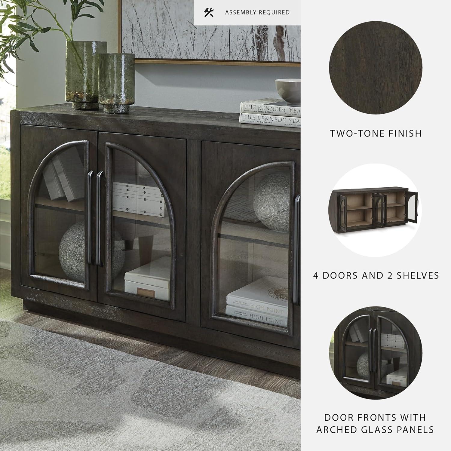 imageSignature Design by Ashley Dreley Classic 4Door Accent Cabinet Dark Brown with 2 Shelves Arched Glass Door FrontsDark Brown
