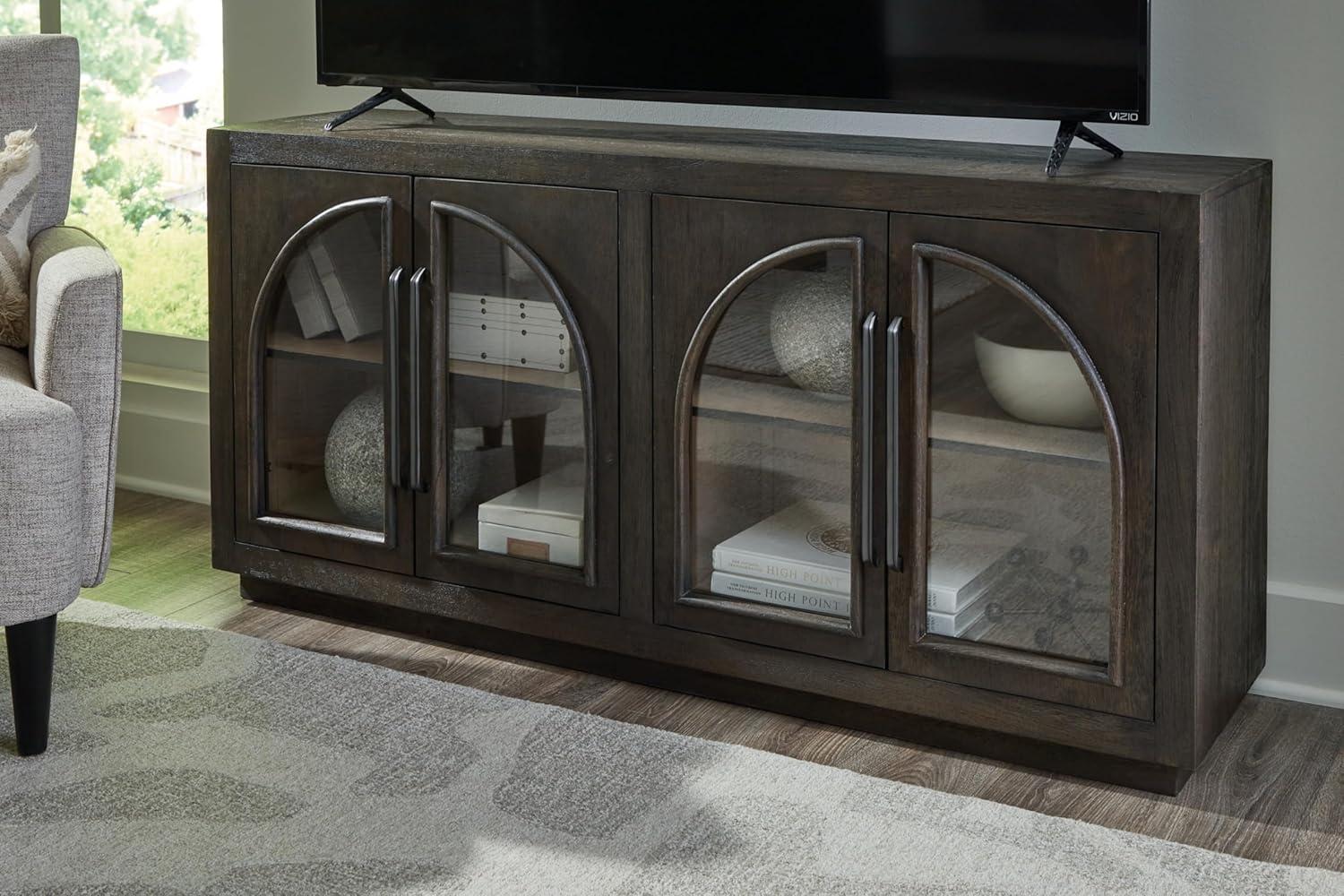 imageSignature Design by Ashley Dreley Classic 4Door Accent Cabinet Dark Brown with 2 Shelves Arched Glass Door FrontsDark Brown
