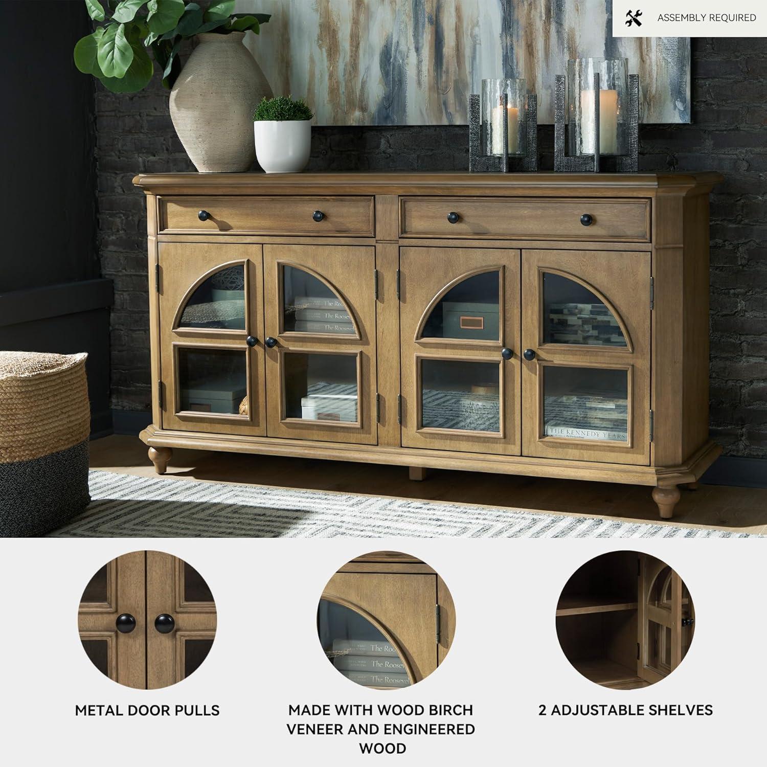 imageSignature Design by Ashley Dreley Classic 4Door Accent Cabinet Dark Brown with 2 Shelves Arched Glass Door FrontsLight Brown