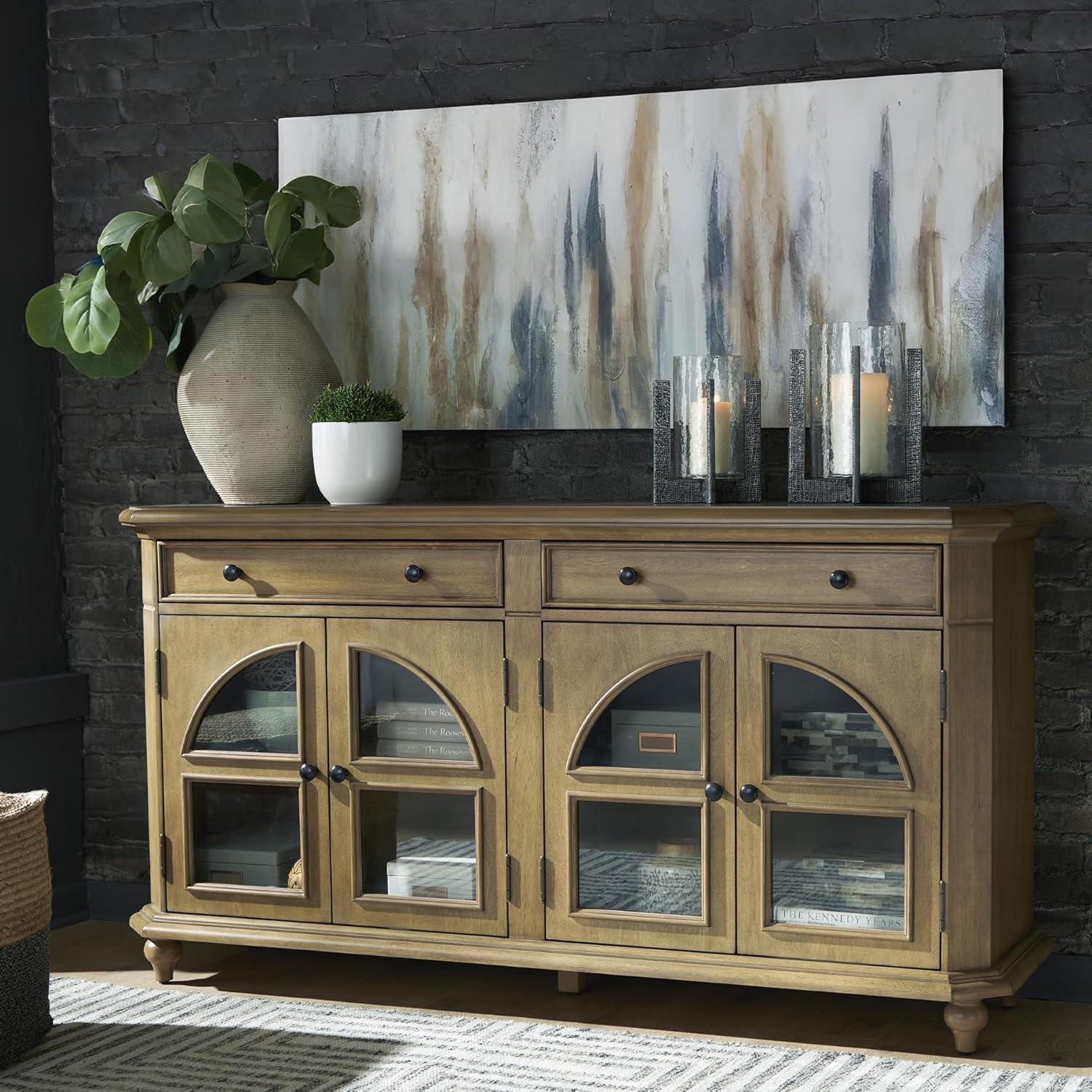 imageSignature Design by Ashley Dreley Classic 4Door Accent Cabinet Dark Brown with 2 Shelves Arched Glass Door FrontsLight Brown