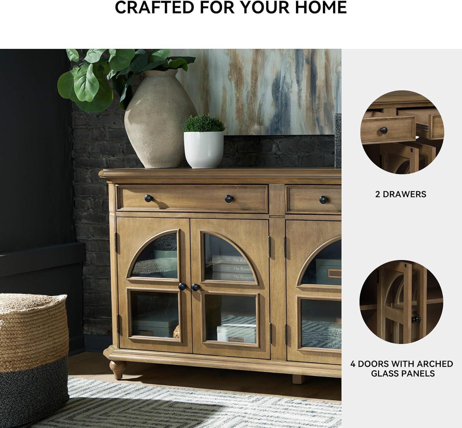 imageSignature Design by Ashley Dreley Classic 4Door Accent Cabinet Dark Brown with 2 Shelves Arched Glass Door FrontsLight Brown