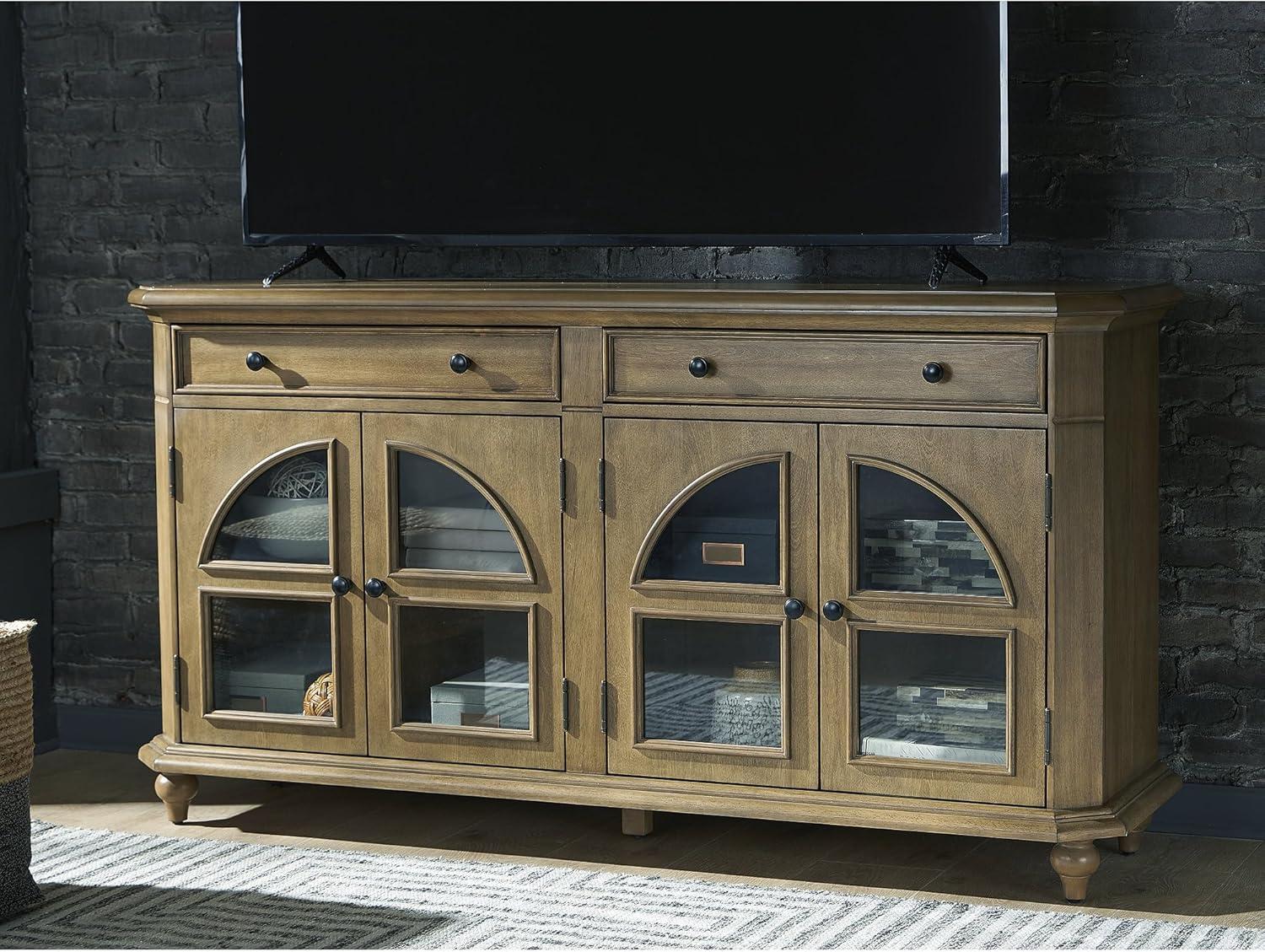imageSignature Design by Ashley Dreley Classic 4Door Accent Cabinet Dark Brown with 2 Shelves Arched Glass Door FrontsLight Brown