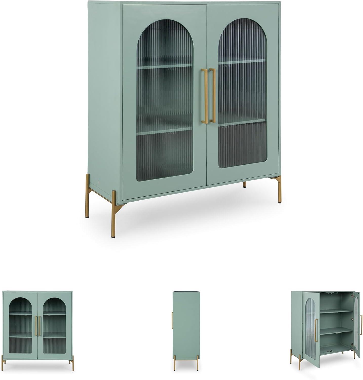 imageSignature Design by Ashley Dreley Classic 4Door Accent Cabinet Dark Brown with 2 Shelves Arched Glass Door FrontsLight Green