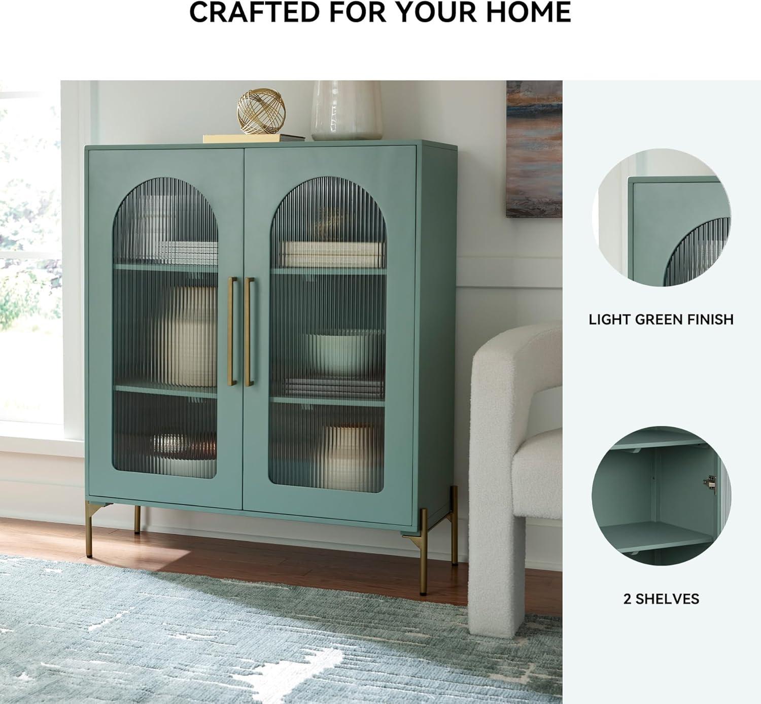 imageSignature Design by Ashley Dreley Classic 4Door Accent Cabinet Dark Brown with 2 Shelves Arched Glass Door FrontsLight Green