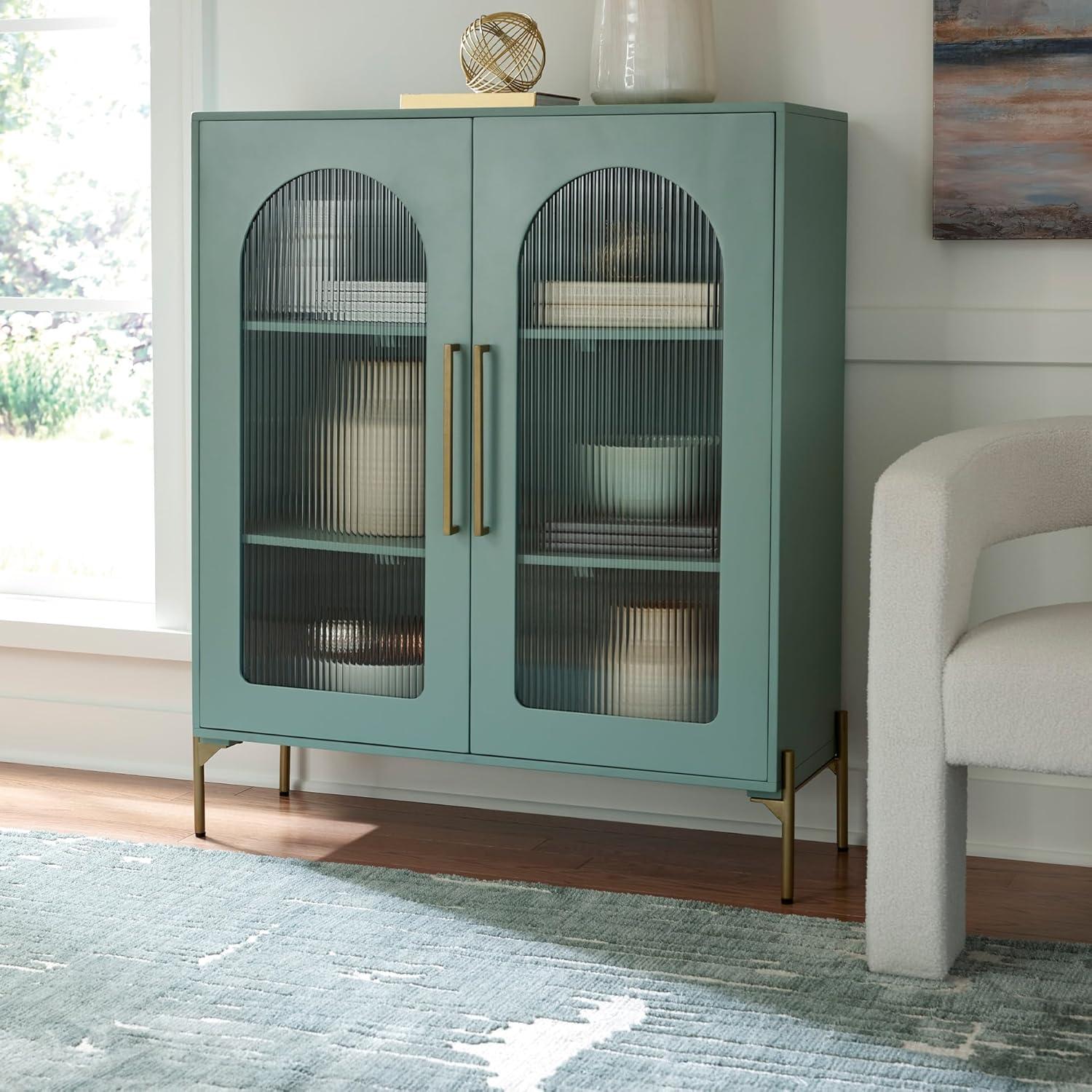 imageSignature Design by Ashley Dreley Classic 4Door Accent Cabinet Dark Brown with 2 Shelves Arched Glass Door FrontsLight Green