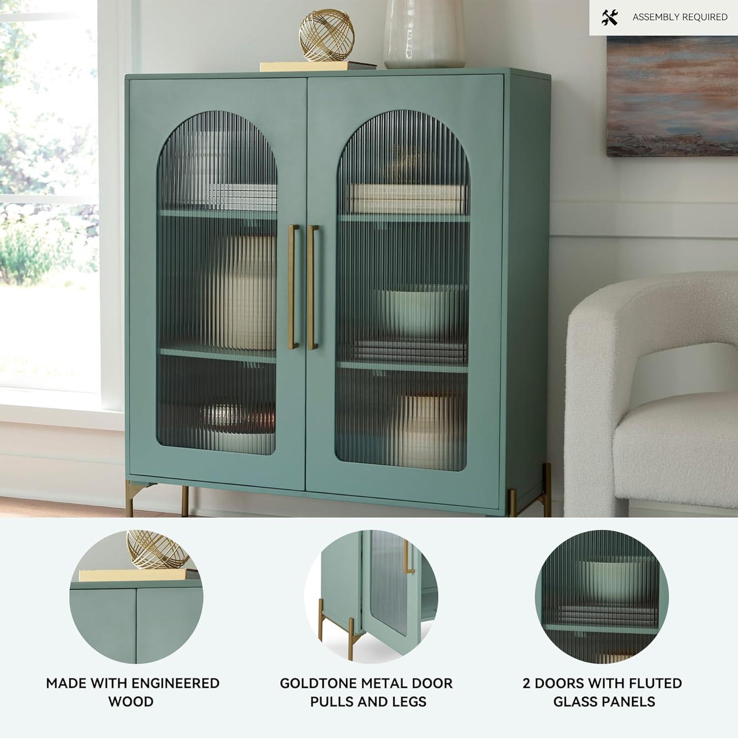 imageSignature Design by Ashley Dreley Classic 4Door Accent Cabinet Dark Brown with 2 Shelves Arched Glass Door FrontsLight Green