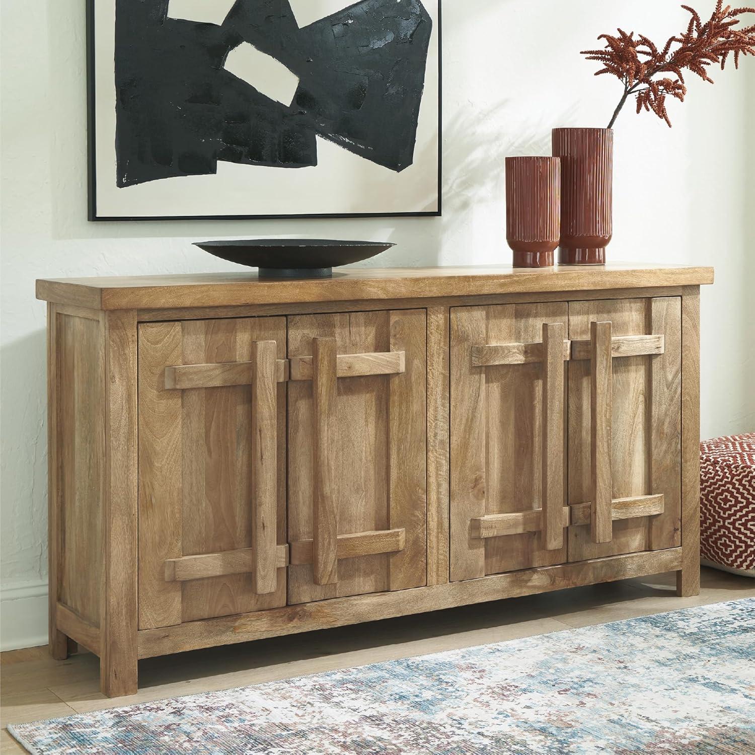 imageSignature Design by Ashley Dresor Farmhouse 4Door Accent Cabinet with 2 Shelves and Cord Management Light Brown