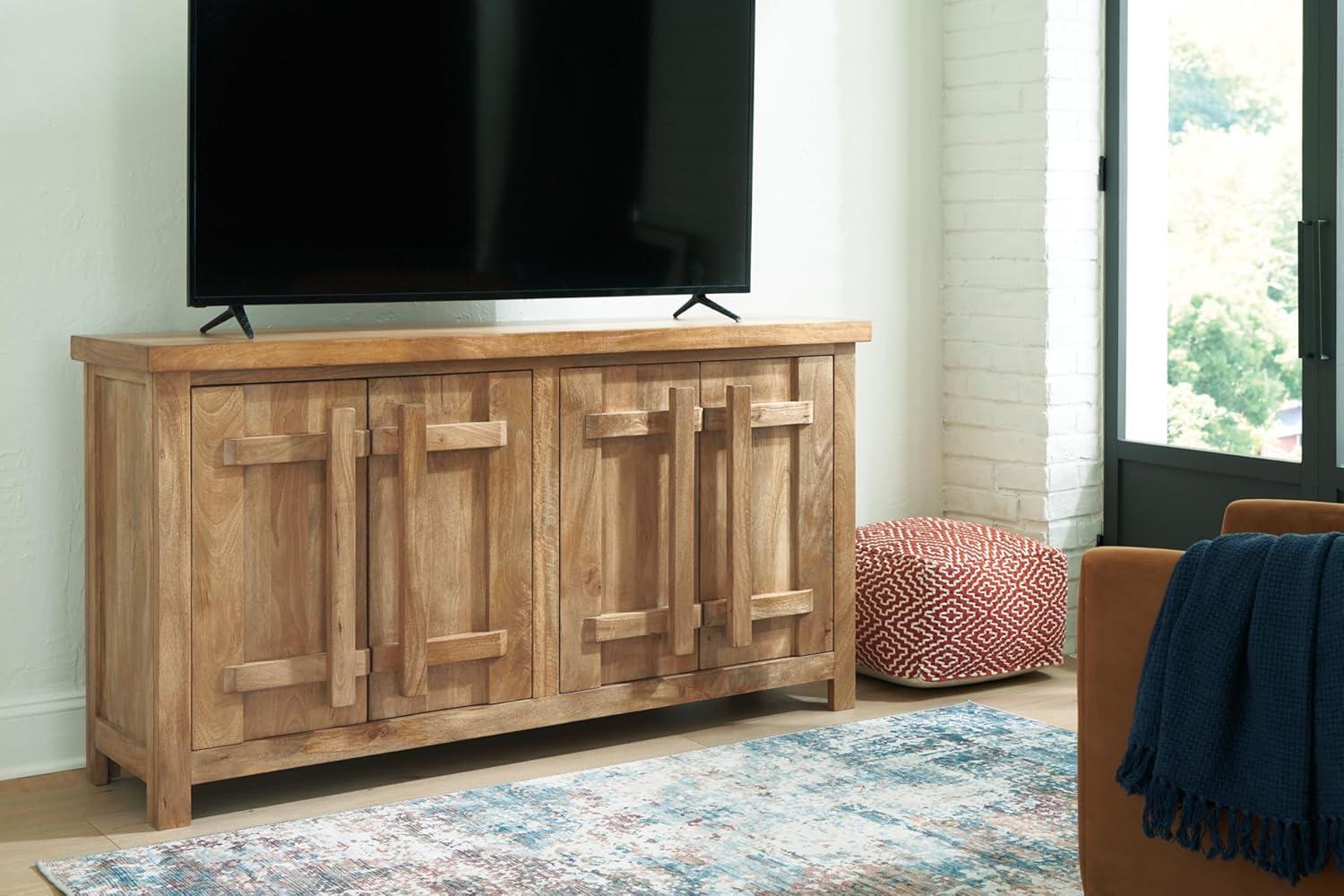 imageSignature Design by Ashley Dresor Farmhouse 4Door Accent Cabinet with 2 Shelves and Cord Management Light Brown
