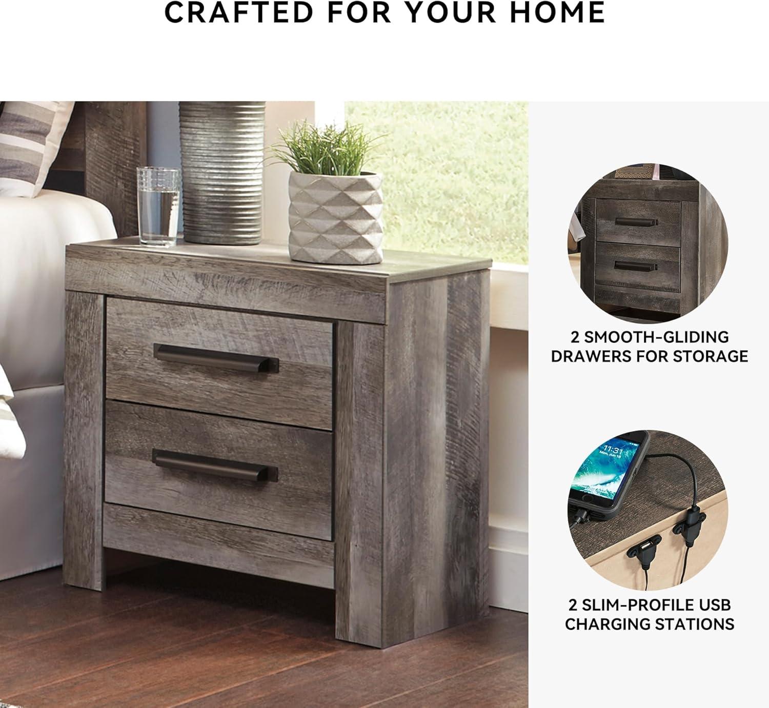 imageSignature Design by Ashley Drystan Rustic Industrial 2 Drawer Nightstand with 2 SlimProfile USB Charging Stations 2437quot Tall Weatherworn BrownDark Weathered Gray