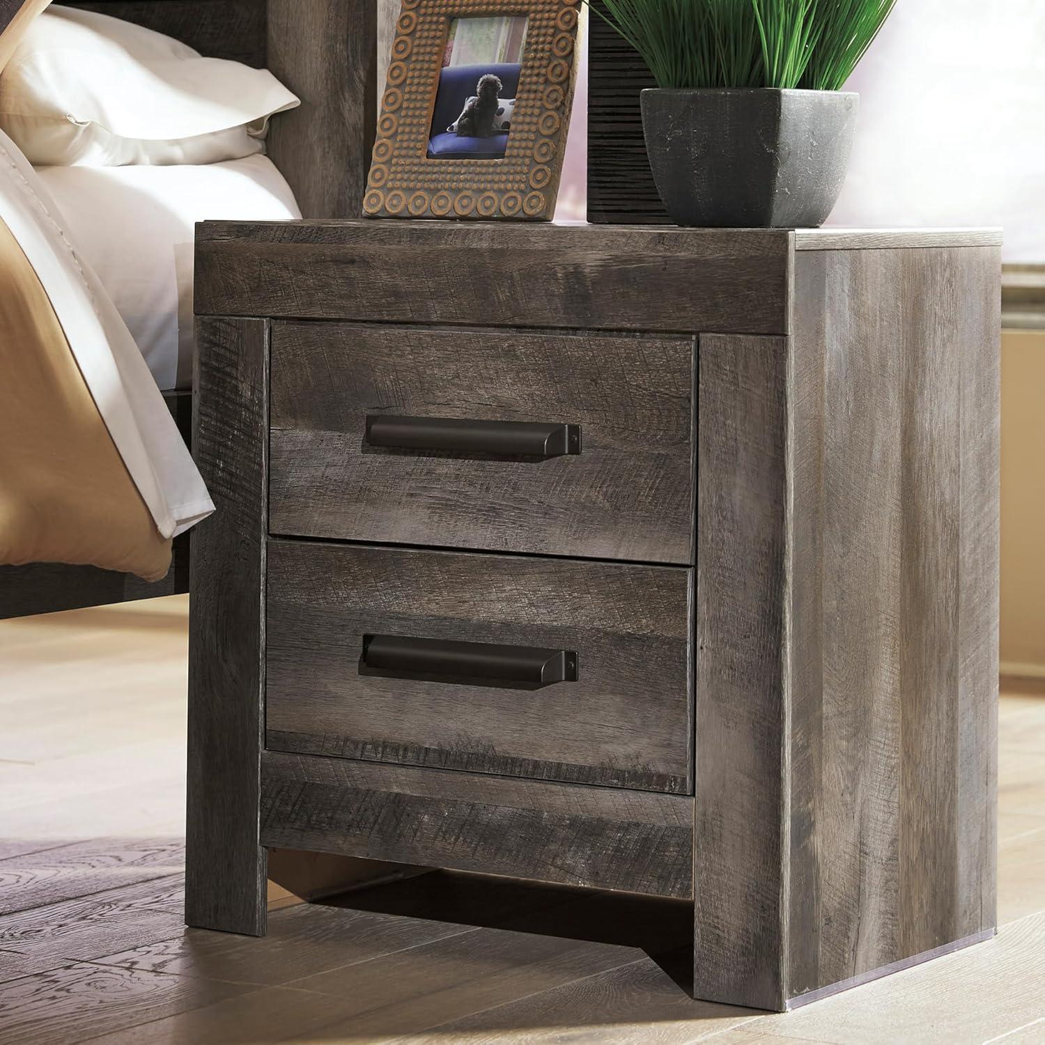 imageSignature Design by Ashley Drystan Rustic Industrial 2 Drawer Nightstand with 2 SlimProfile USB Charging Stations 2437quot Tall Weatherworn BrownDark Weathered Gray