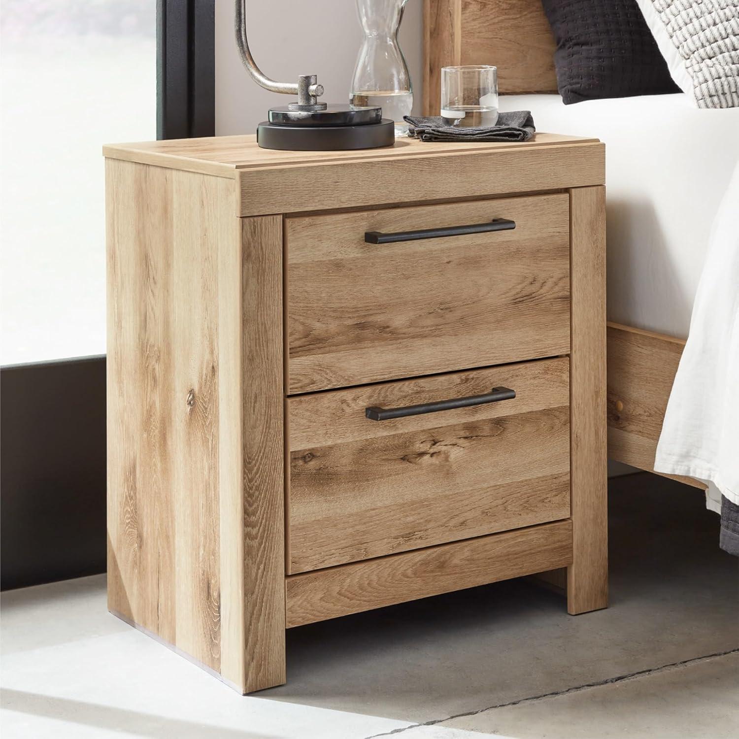 imageSignature Design by Ashley Drystan Rustic Industrial 2 Drawer Nightstand with 2 SlimProfile USB Charging Stations 2437quot Tall Weatherworn BrownLight Brown