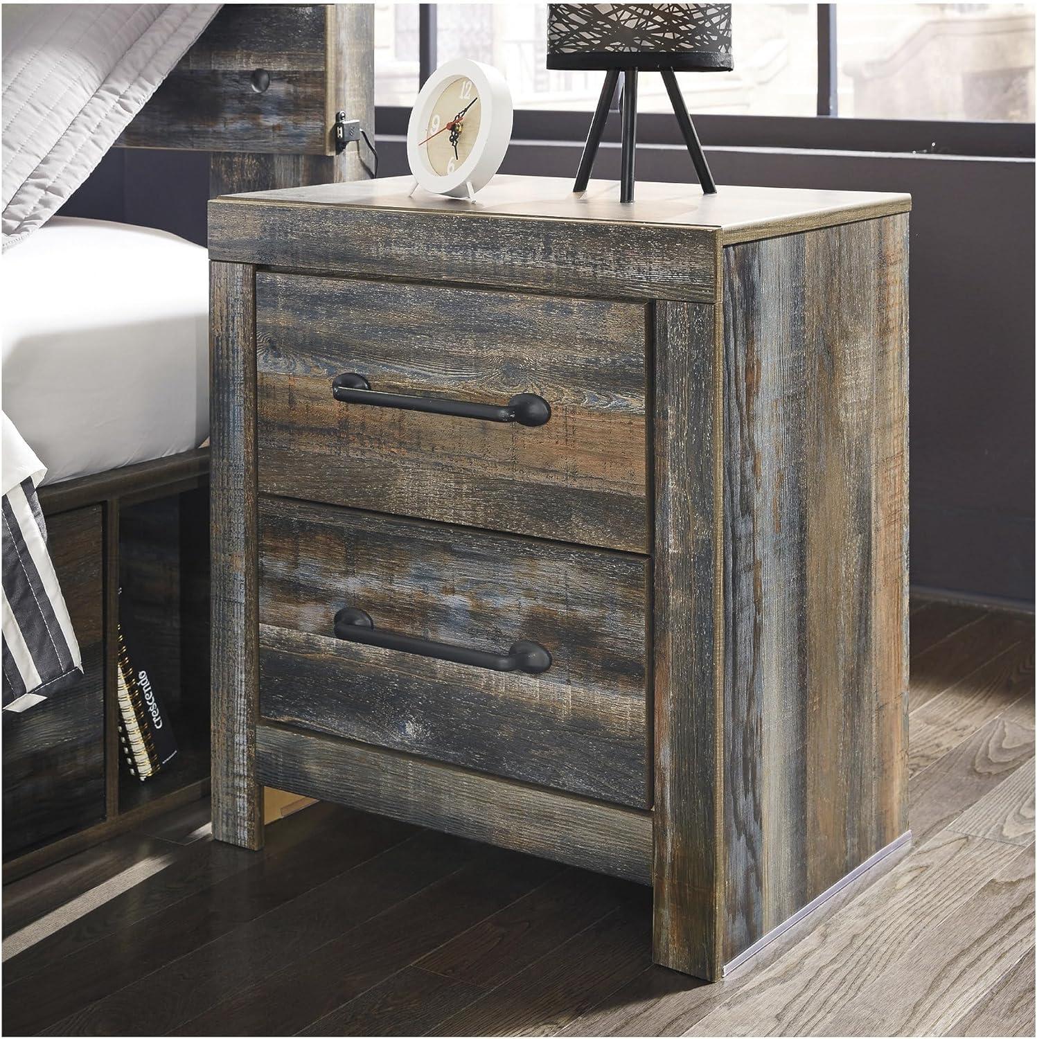 imageSignature Design by Ashley Drystan Rustic Industrial 2 Drawer Nightstand with 2 SlimProfile USB Charging Stations 2437quot Tall Weatherworn BrownPlanked Brown