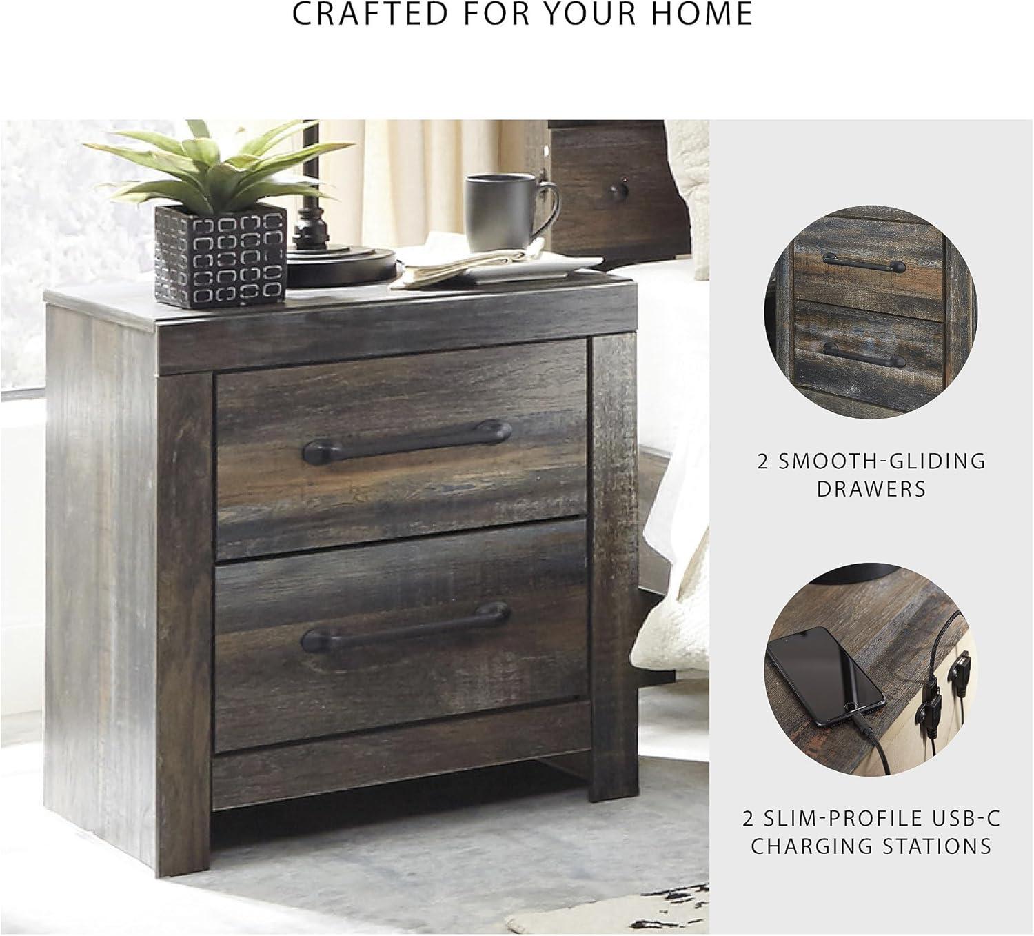 imageSignature Design by Ashley Drystan Rustic Industrial 2 Drawer Nightstand with 2 SlimProfile USB Charging Stations 2437quot Tall Weatherworn BrownPlanked Brown