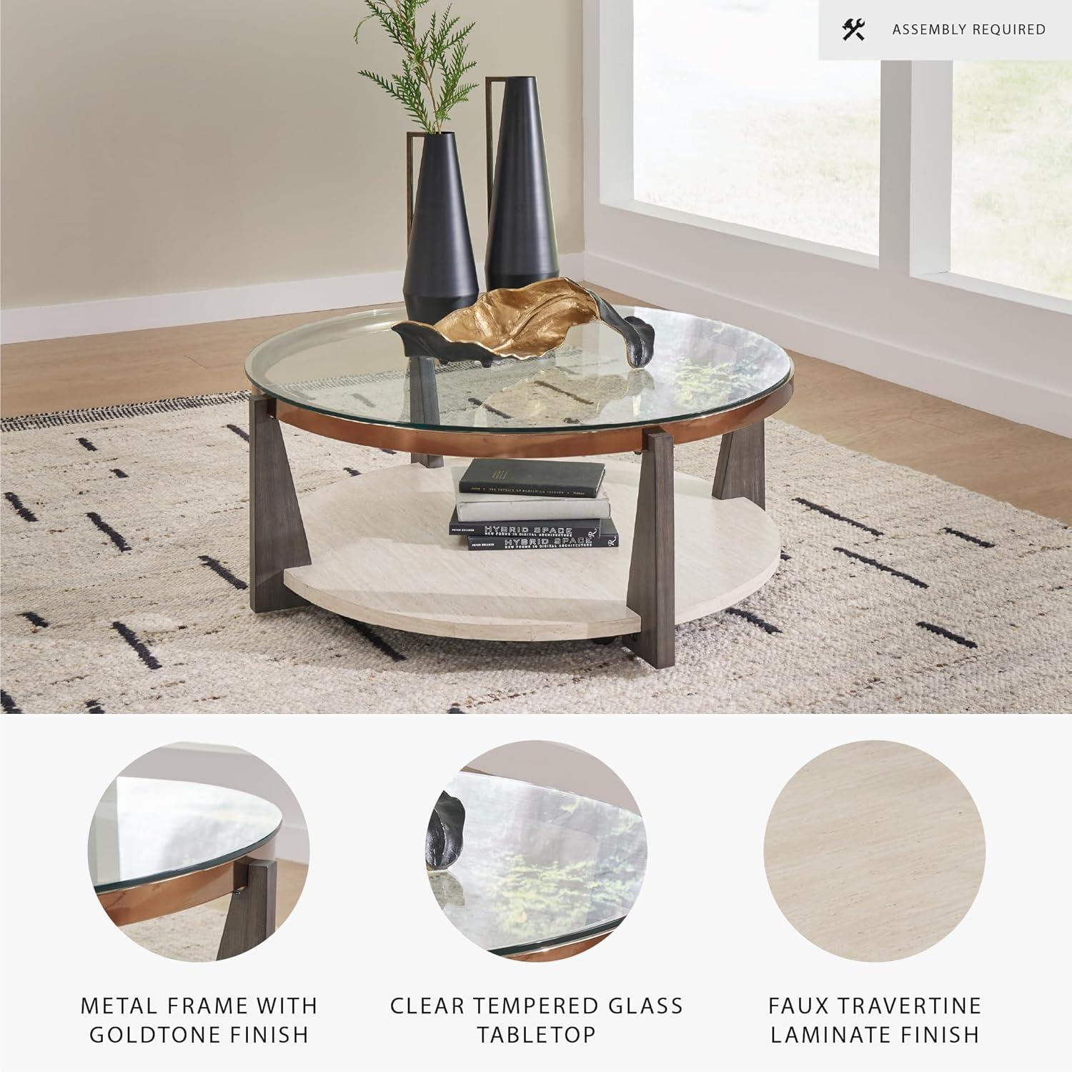 imageSignature Design by Ashley Frazwa Round Glasstop Coffee Table GrayBrownGold