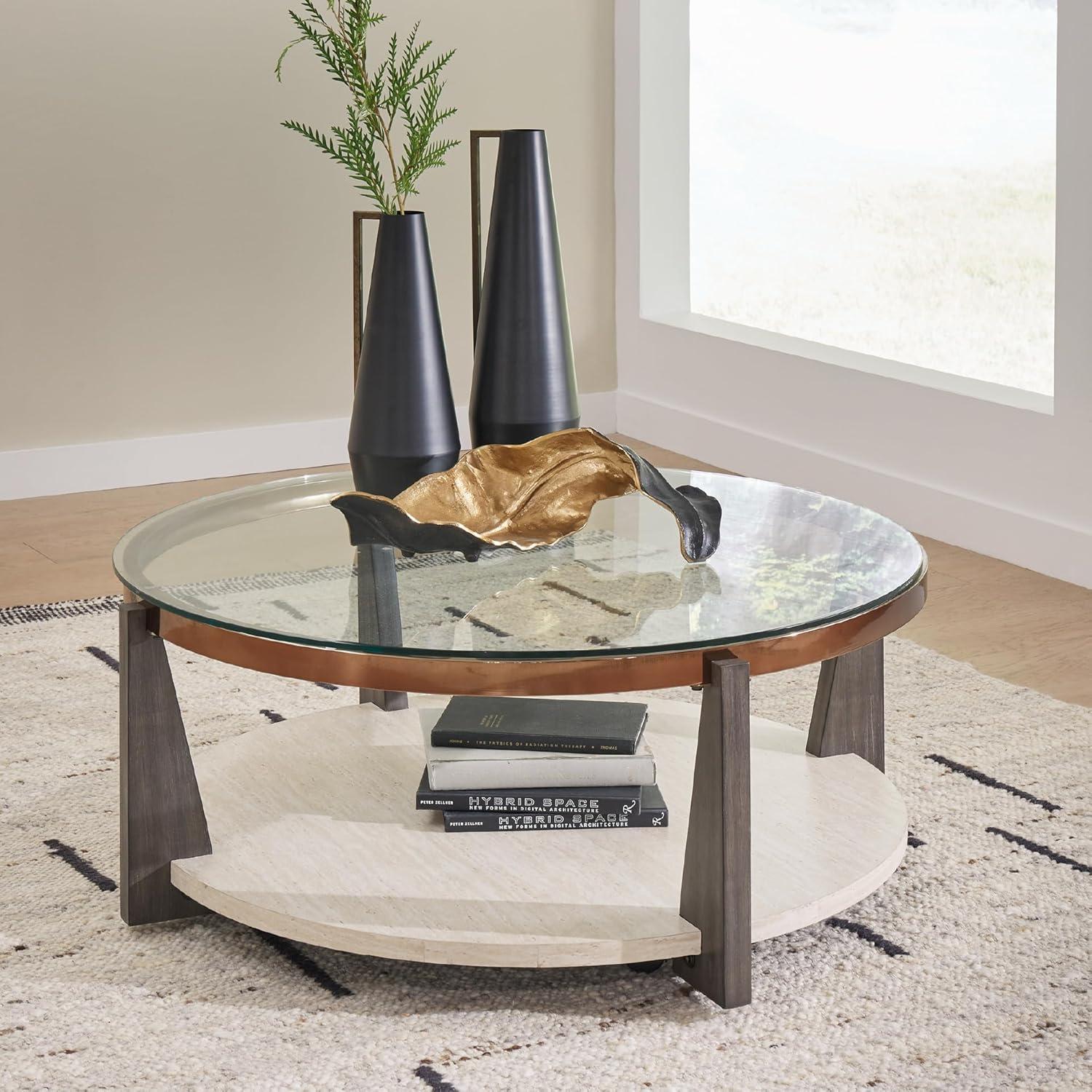 imageSignature Design by Ashley Frazwa Round Glasstop Coffee Table GrayBrownGold