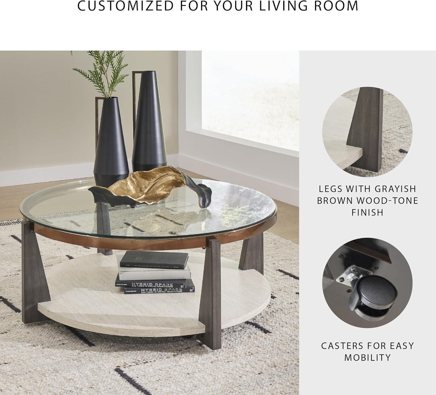 imageSignature Design by Ashley Frazwa Round Glasstop Coffee Table GrayBrownGold