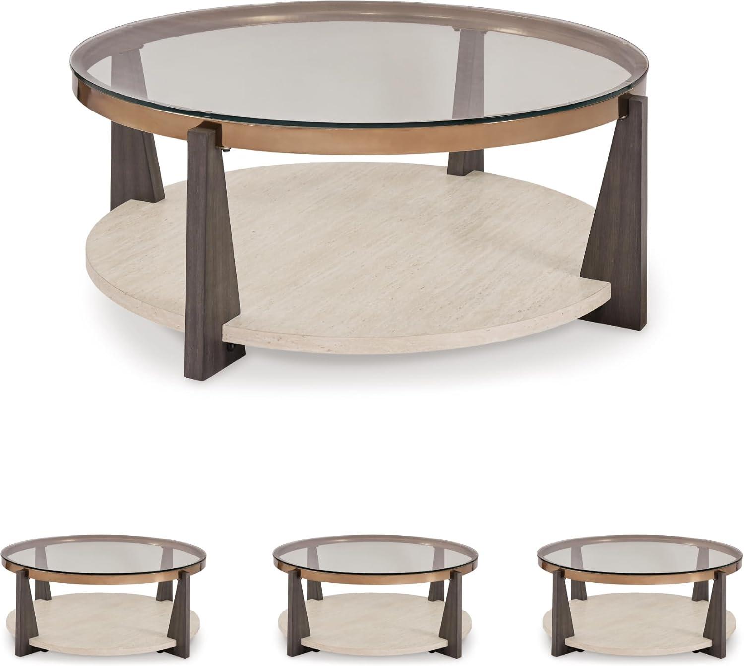 imageSignature Design by Ashley Frazwa Round Glasstop Coffee Table GrayBrownGold