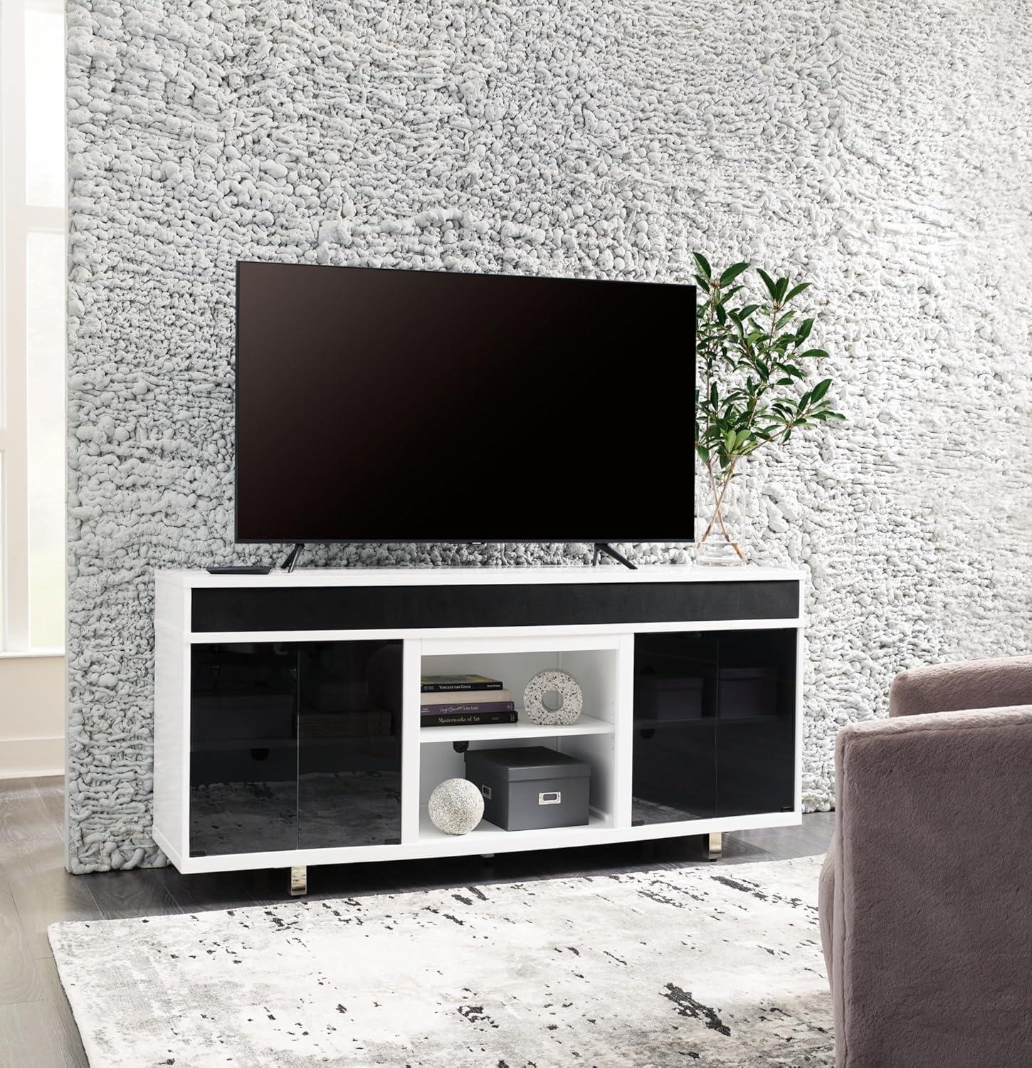 imageSignature Design by Ashley Gardoni Contemporary 72quot TV Stand for TVs up to 82quot with Adjustable Shelves Cabinets Cord Openings and Fireplace Option White ampamp Black