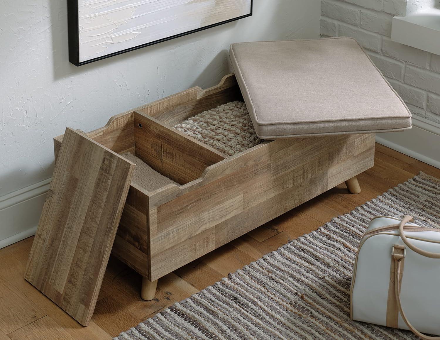 imageSignature Design by Ashley Gerdanet Mid Century Modern Upholstered Storage Bench BeigeBrown
