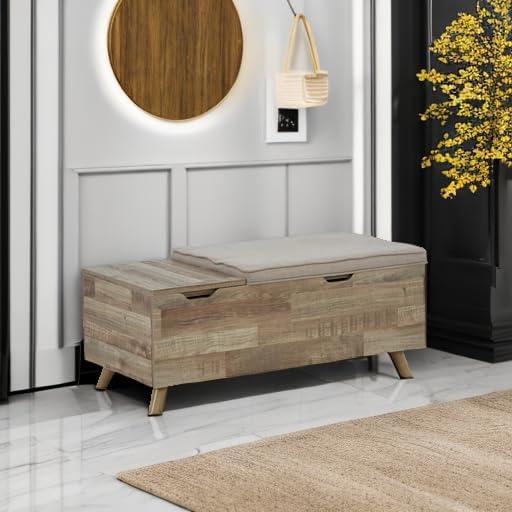 imageSignature Design by Ashley Gerdanet Mid Century Modern Upholstered Storage Bench BeigeBrown