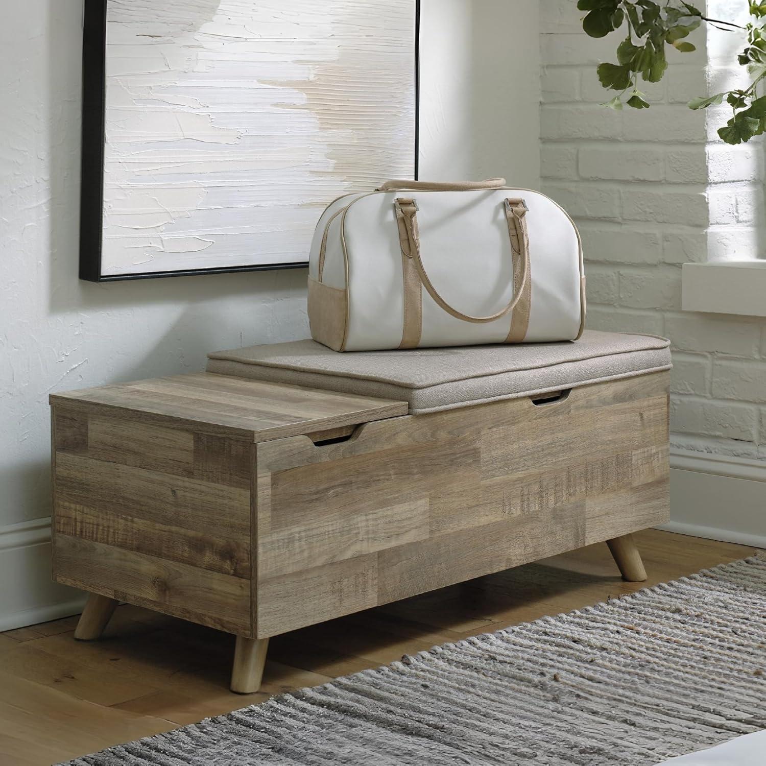 imageSignature Design by Ashley Gerdanet Mid Century Modern Upholstered Storage Bench BeigeBrown