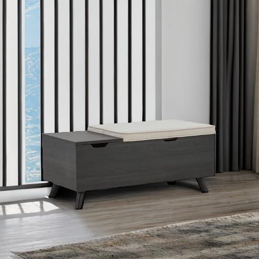 imageSignature Design by Ashley Gerdanet Mid Century Modern Upholstered Storage Bench BeigeDark Gray