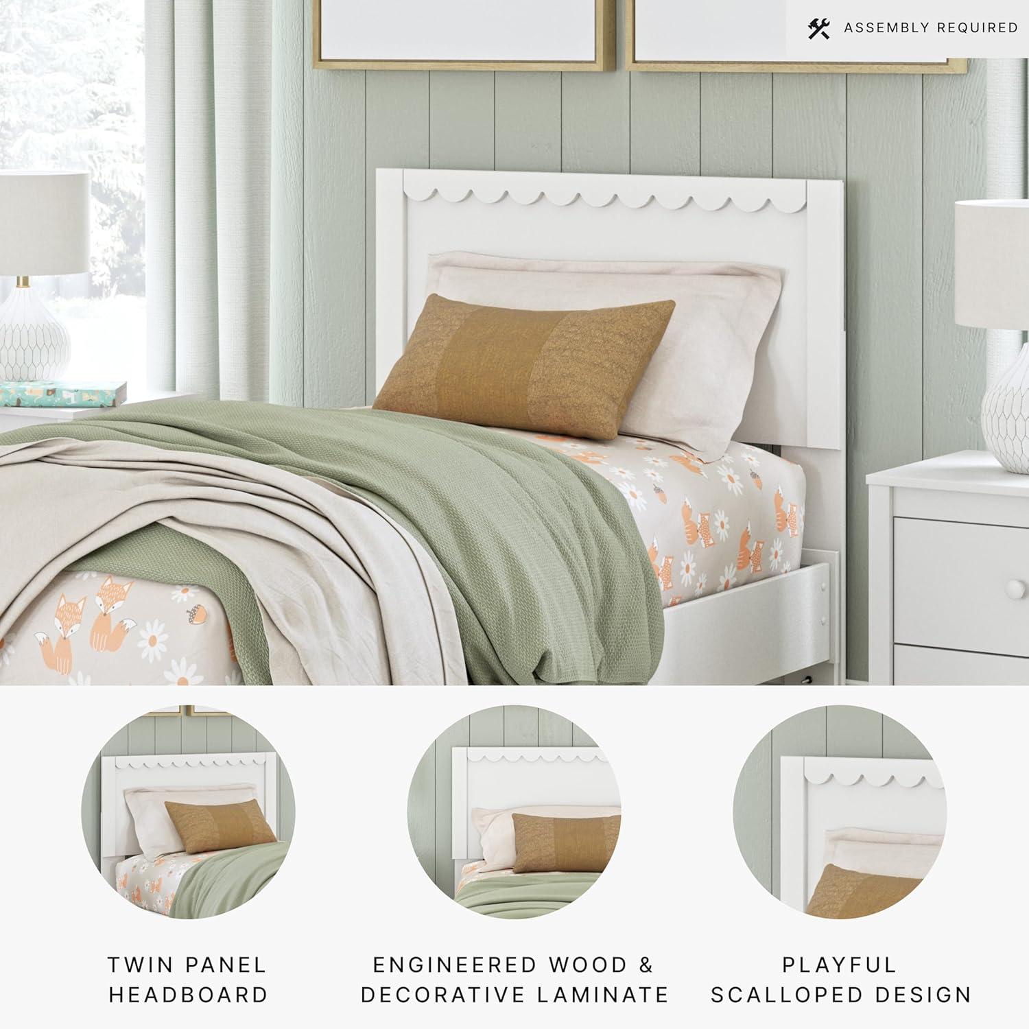 imageSignature Design by Ashley Hallityn Coastal Panel Headboard Wood Scallop Detail Full Headboard Attaches to Your Bed Frame Not Included Matte White Finish Headboard OnlyTwin