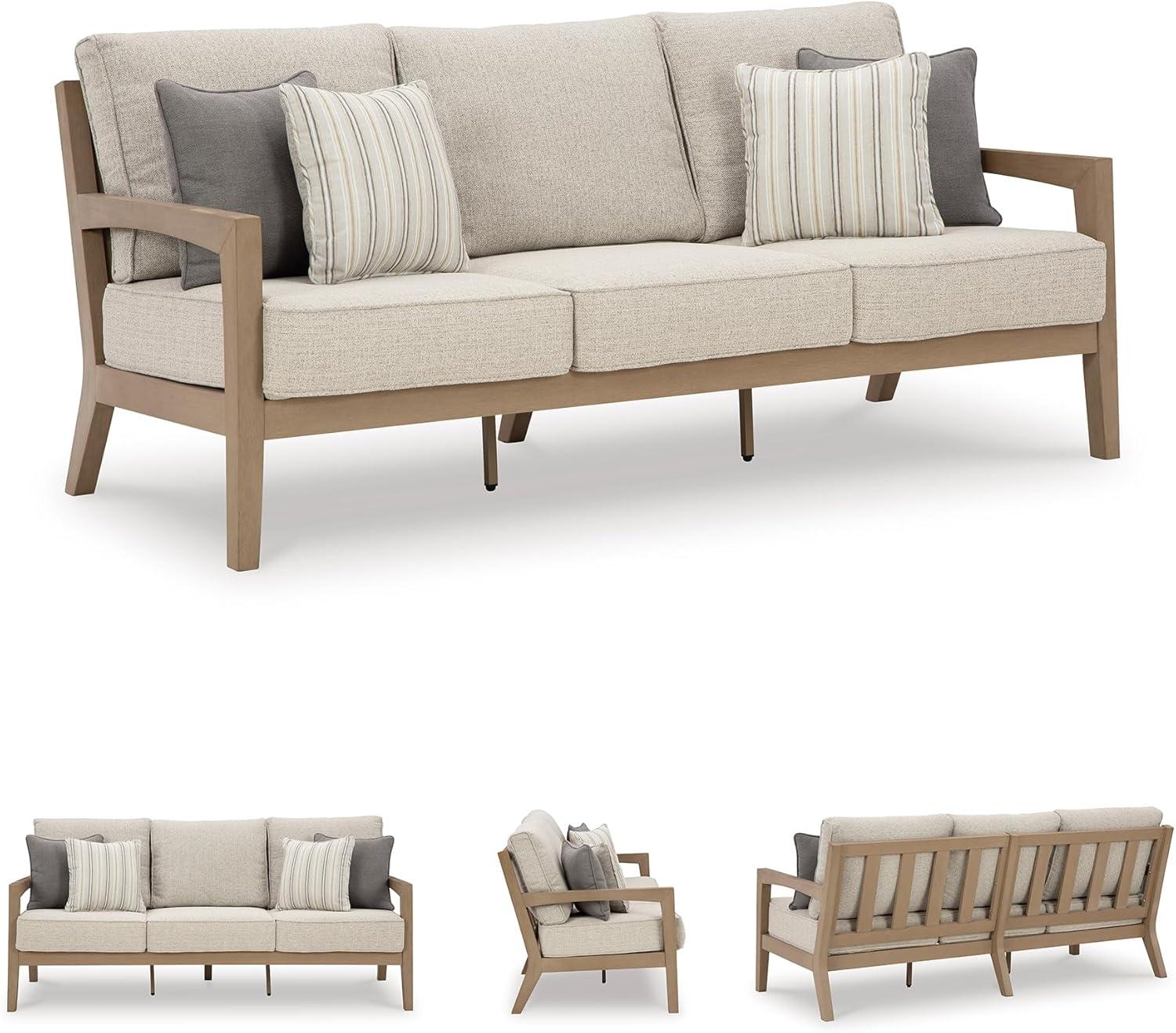 imageSignature Design by Ashley Hallow Creek Cottage Nuvella Weather Resistant Fabric Outdoor Sofa with Cushion and 4 Throw Pillows Light Brown ampamp BeigeBeige