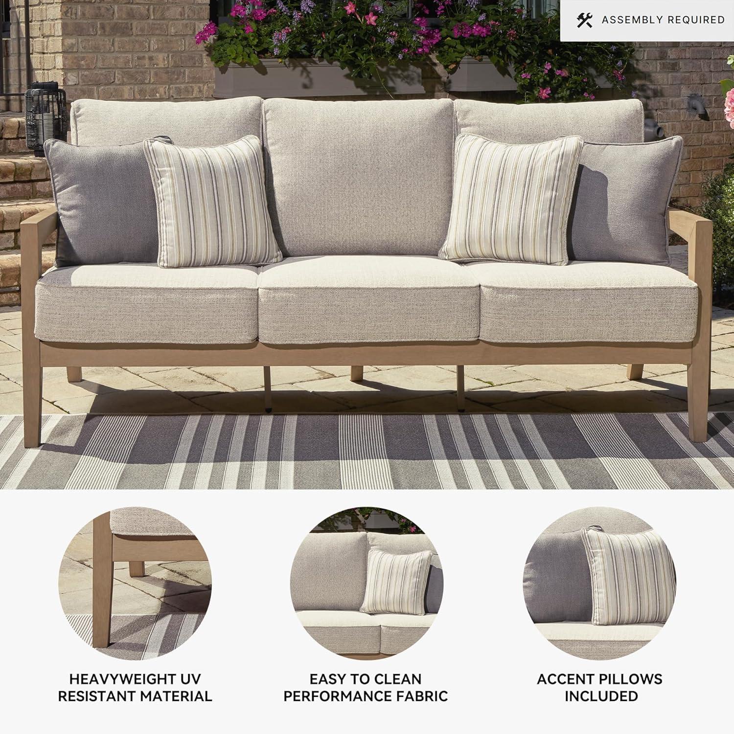 imageSignature Design by Ashley Hallow Creek Cottage Nuvella Weather Resistant Fabric Outdoor Sofa with Cushion and 4 Throw Pillows Light Brown ampamp BeigeBeige