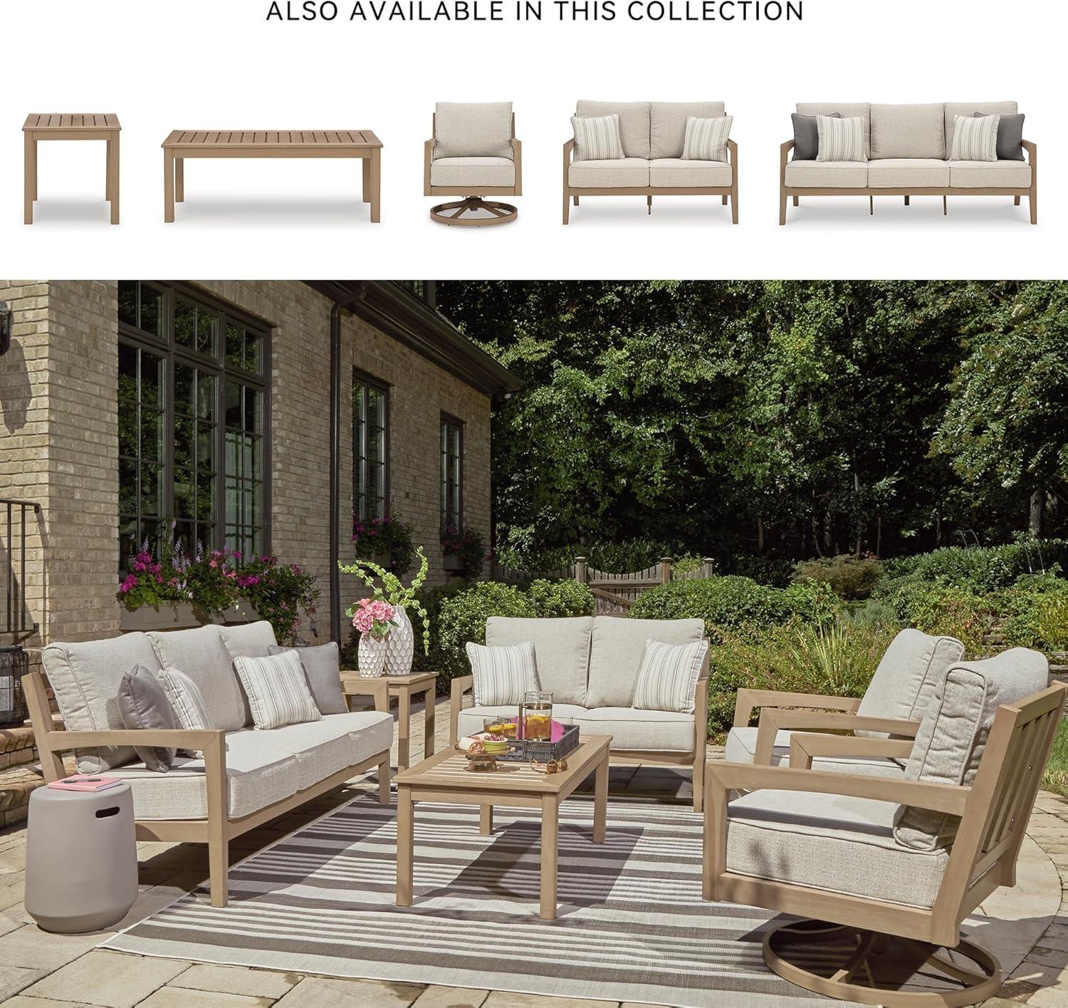 imageSignature Design by Ashley Hallow Creek Cottage Nuvella Weather Resistant Fabric Outdoor Sofa with Cushion and 4 Throw Pillows Light Brown ampamp BeigeBeige