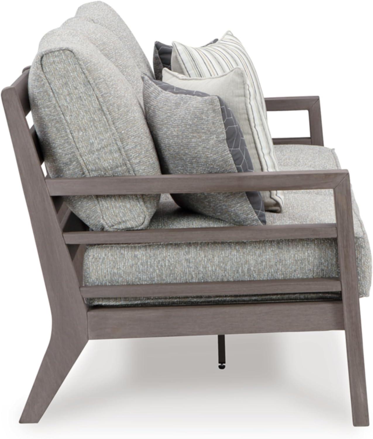 imageSignature Design by Ashley Hallow Creek Cottage Nuvella Weather Resistant Fabric Outdoor Sofa with Cushion and 4 Throw Pillows Light Brown ampamp BeigeLight Gray