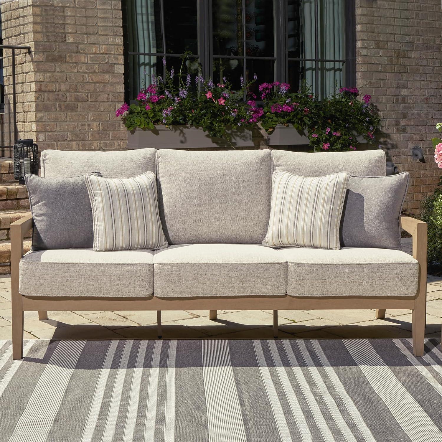 imageSignature Design by Ashley Hallow Creek Cottage Nuvella Weather Resistant Fabric Outdoor Sofa with Cushion and 4 Throw Pillows Light Brown ampamp BeigeBeige