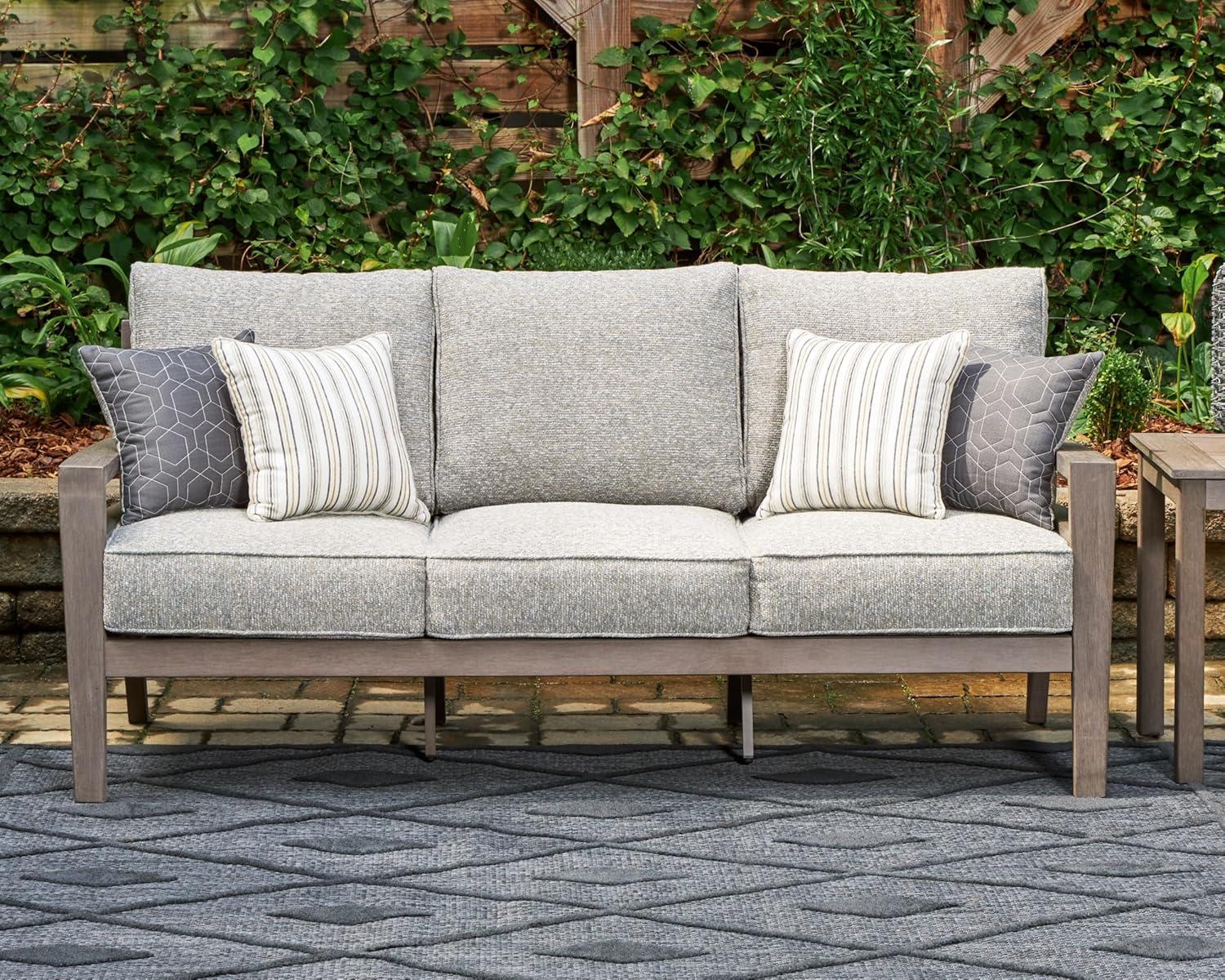 imageSignature Design by Ashley Hallow Creek Cottage Nuvella Weather Resistant Fabric Outdoor Sofa with Cushion and 4 Throw Pillows Light Brown ampamp BeigeLight Gray