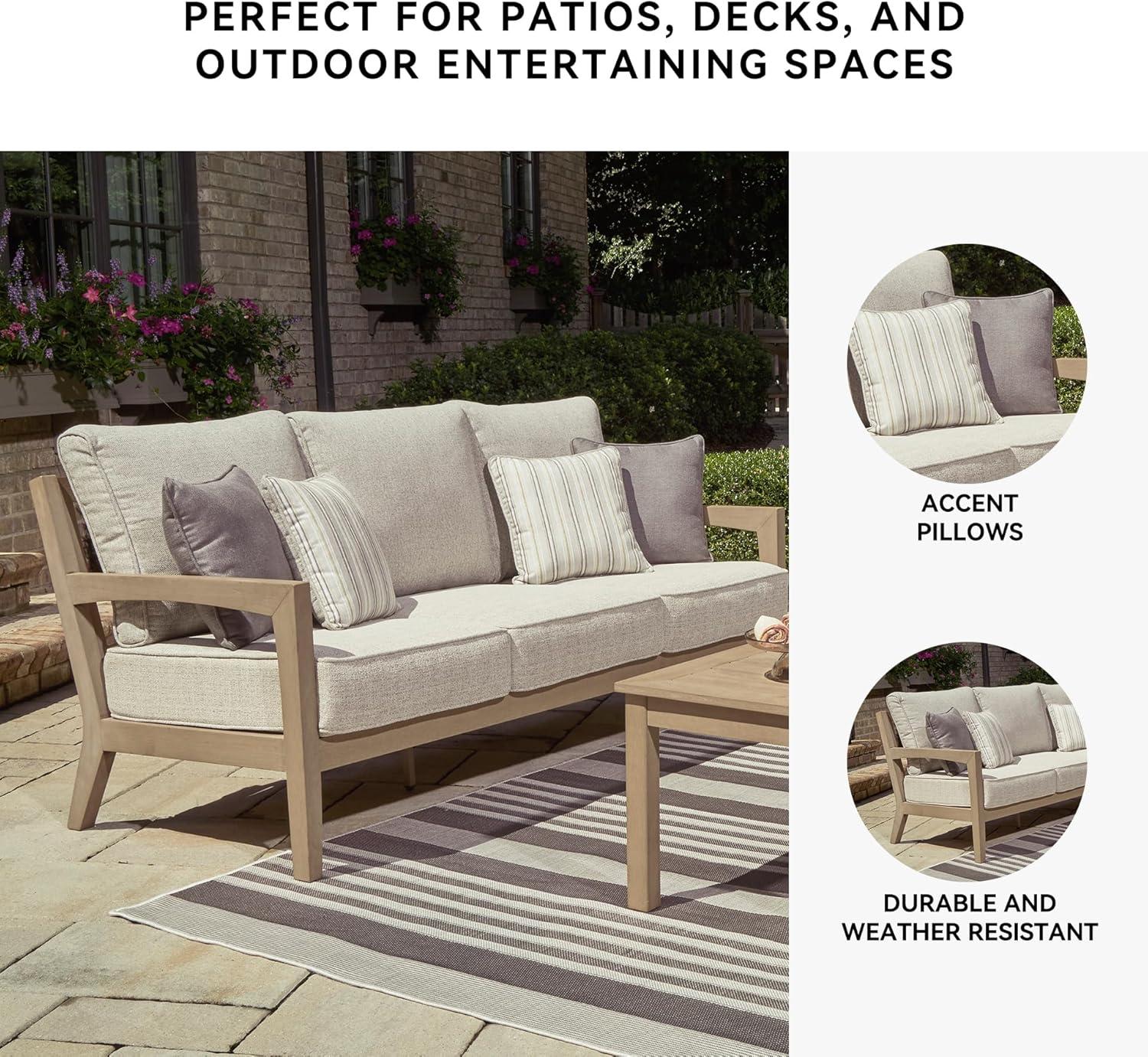 imageSignature Design by Ashley Hallow Creek Cottage Nuvella Weather Resistant Fabric Outdoor Sofa with Cushion and 4 Throw Pillows Light Brown ampamp BeigeBeige