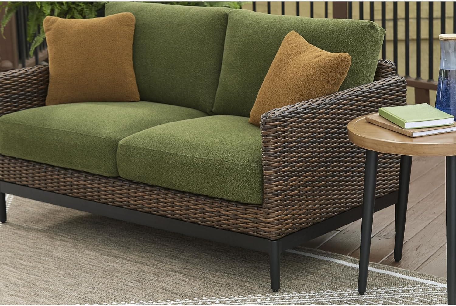 imageSignature Design by Ashley Horizon Hall Vintage Outdoor Nuvella Weather Resistant Fabric Resin Wicker Sofa with Cushion and 2 Accent Pillows Green ampamp Dark BrownOutdoor Loveseat with Cushion