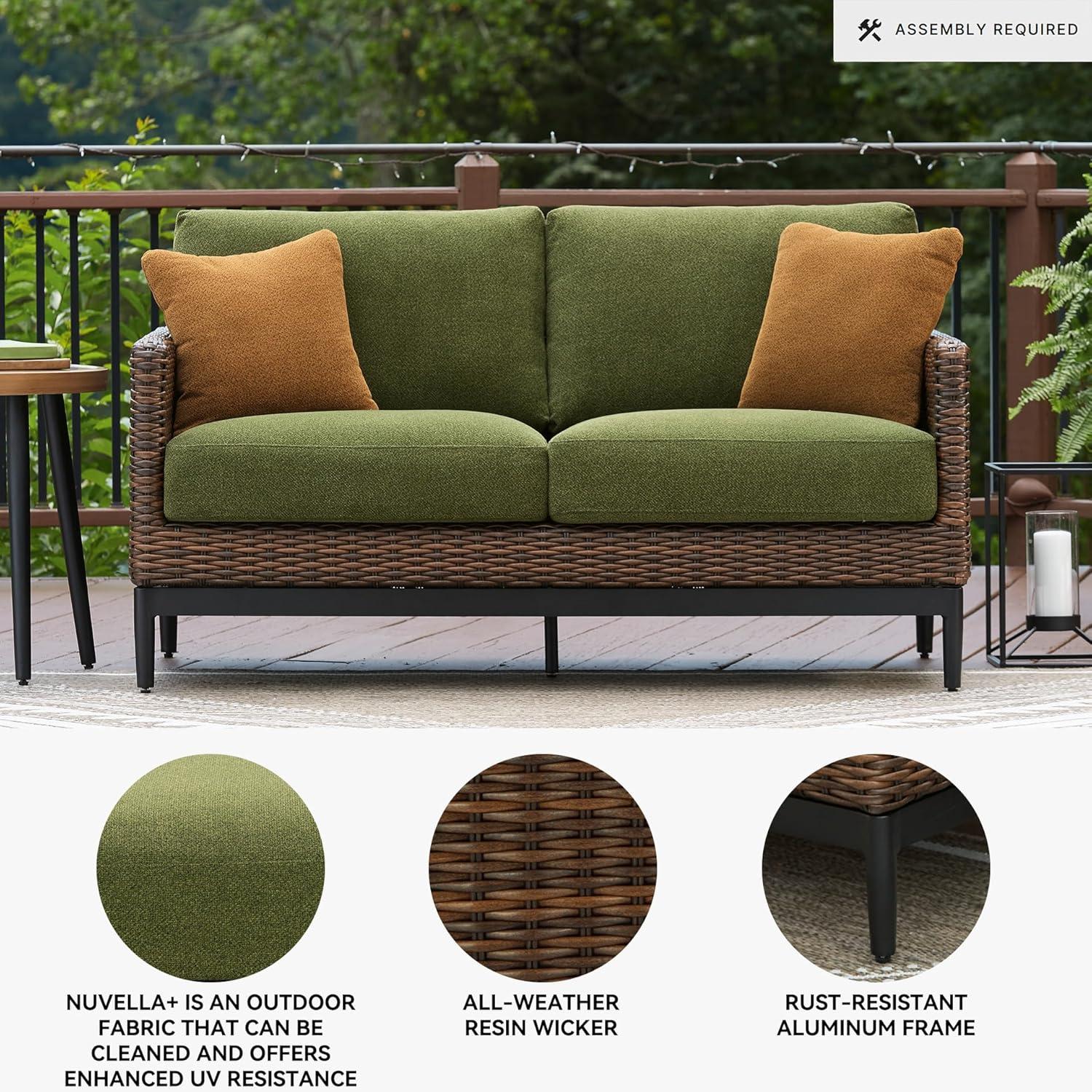 imageSignature Design by Ashley Horizon Hall Vintage Outdoor Nuvella Weather Resistant Fabric Resin Wicker Sofa with Cushion and 2 Accent Pillows Green ampamp Dark BrownOutdoor Loveseat with Cushion