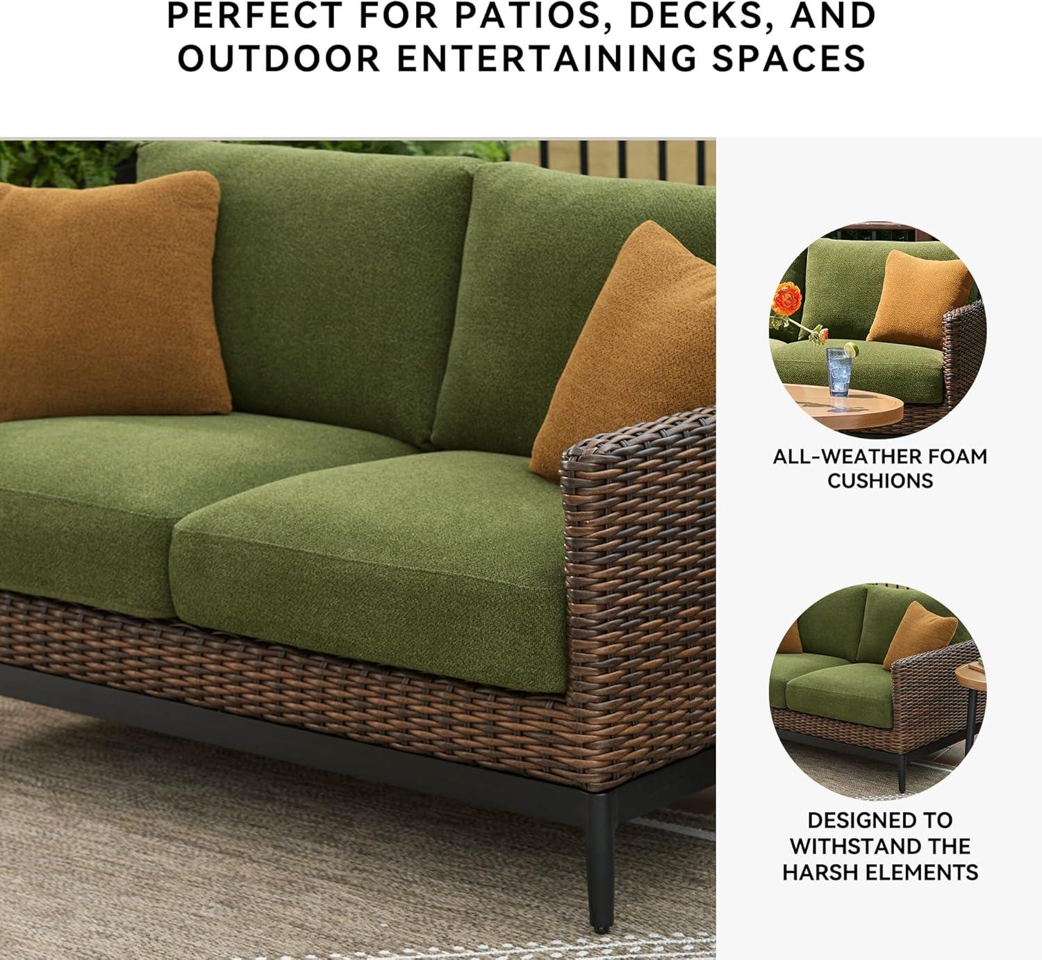 imageSignature Design by Ashley Horizon Hall Vintage Outdoor Nuvella Weather Resistant Fabric Resin Wicker Sofa with Cushion and 2 Accent Pillows Green ampamp Dark BrownOutdoor Loveseat with Cushion