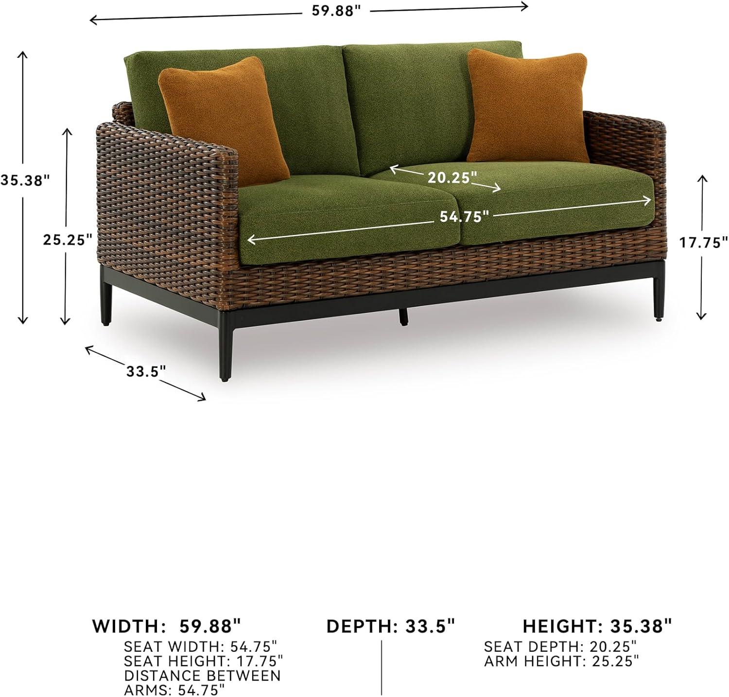 imageSignature Design by Ashley Horizon Hall Vintage Outdoor Nuvella Weather Resistant Fabric Resin Wicker Sofa with Cushion and 2 Accent Pillows Green ampamp Dark BrownOutdoor Loveseat with Cushion