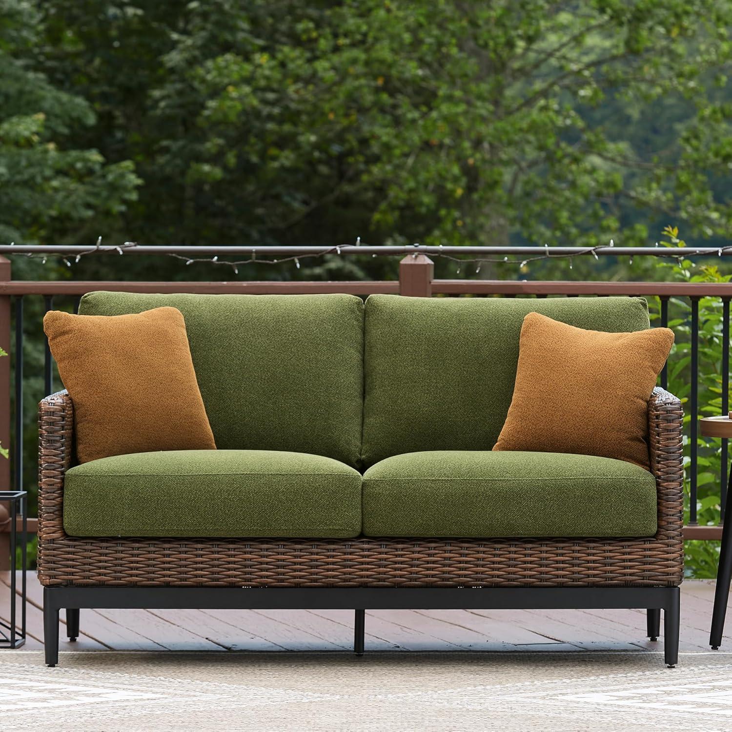 imageSignature Design by Ashley Horizon Hall Vintage Outdoor Nuvella Weather Resistant Fabric Resin Wicker Sofa with Cushion and 2 Accent Pillows Green ampamp Dark BrownOutdoor Loveseat with Cushion