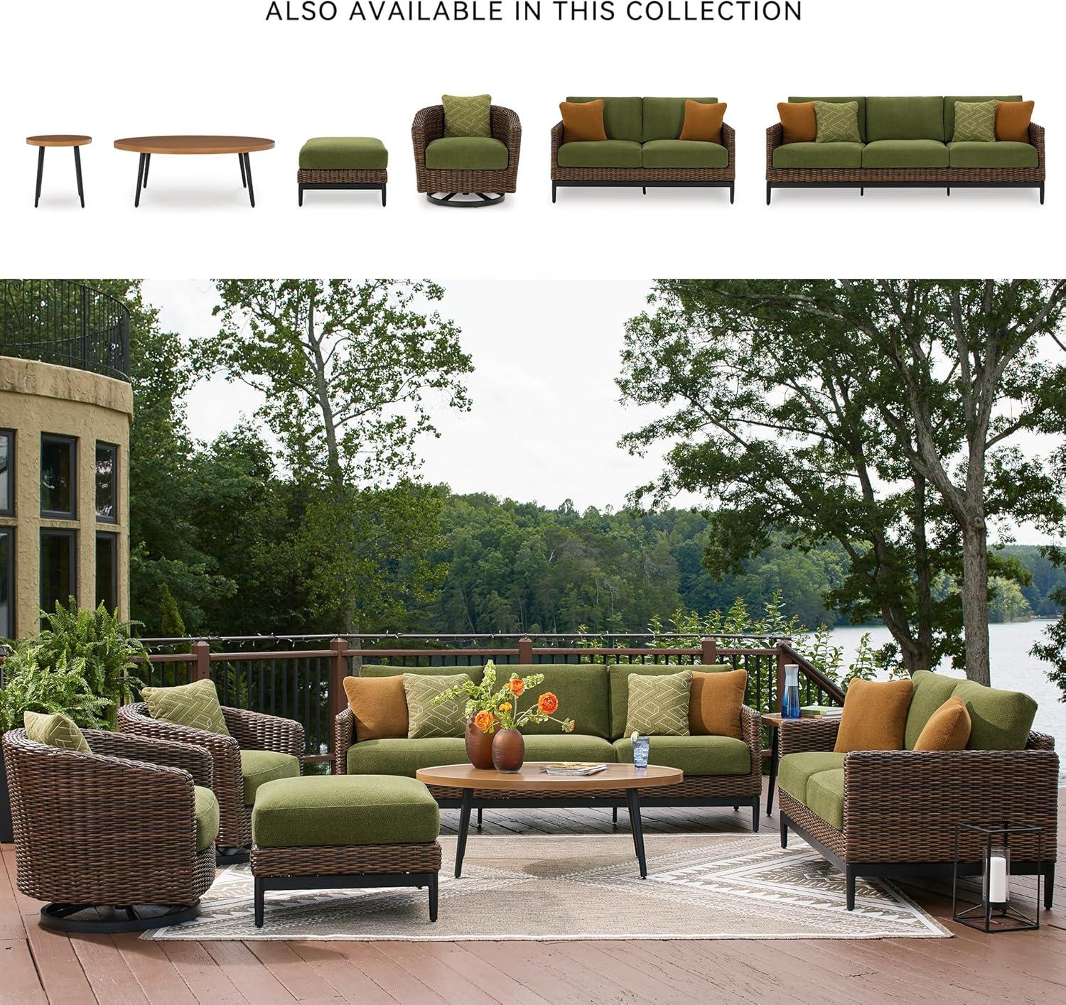 imageSignature Design by Ashley Horizon Hall Vintage Outdoor Nuvella Weather Resistant Fabric Resin Wicker Sofa with Cushion and 2 Accent Pillows Green ampamp Dark BrownOutdoor End Table