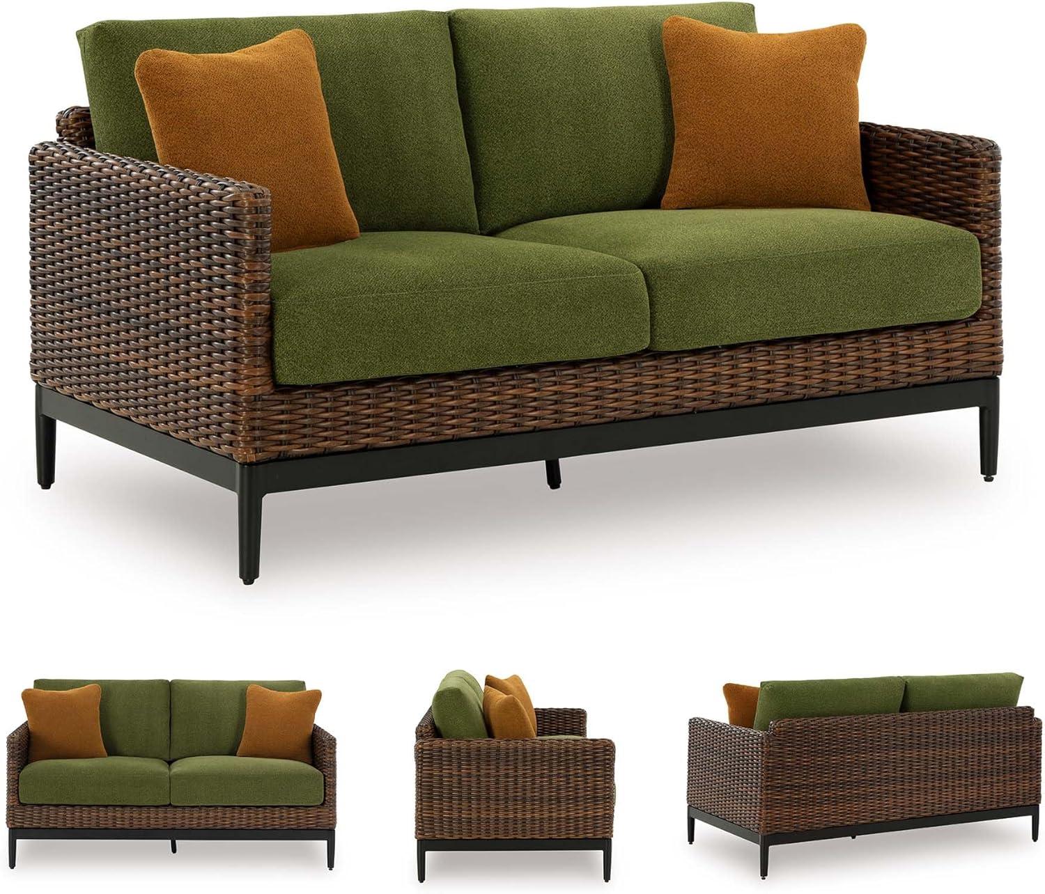 imageSignature Design by Ashley Horizon Hall Vintage Outdoor Nuvella Weather Resistant Fabric Resin Wicker Sofa with Cushion and 2 Accent Pillows Green ampamp Dark BrownOutdoor Loveseat with Cushion