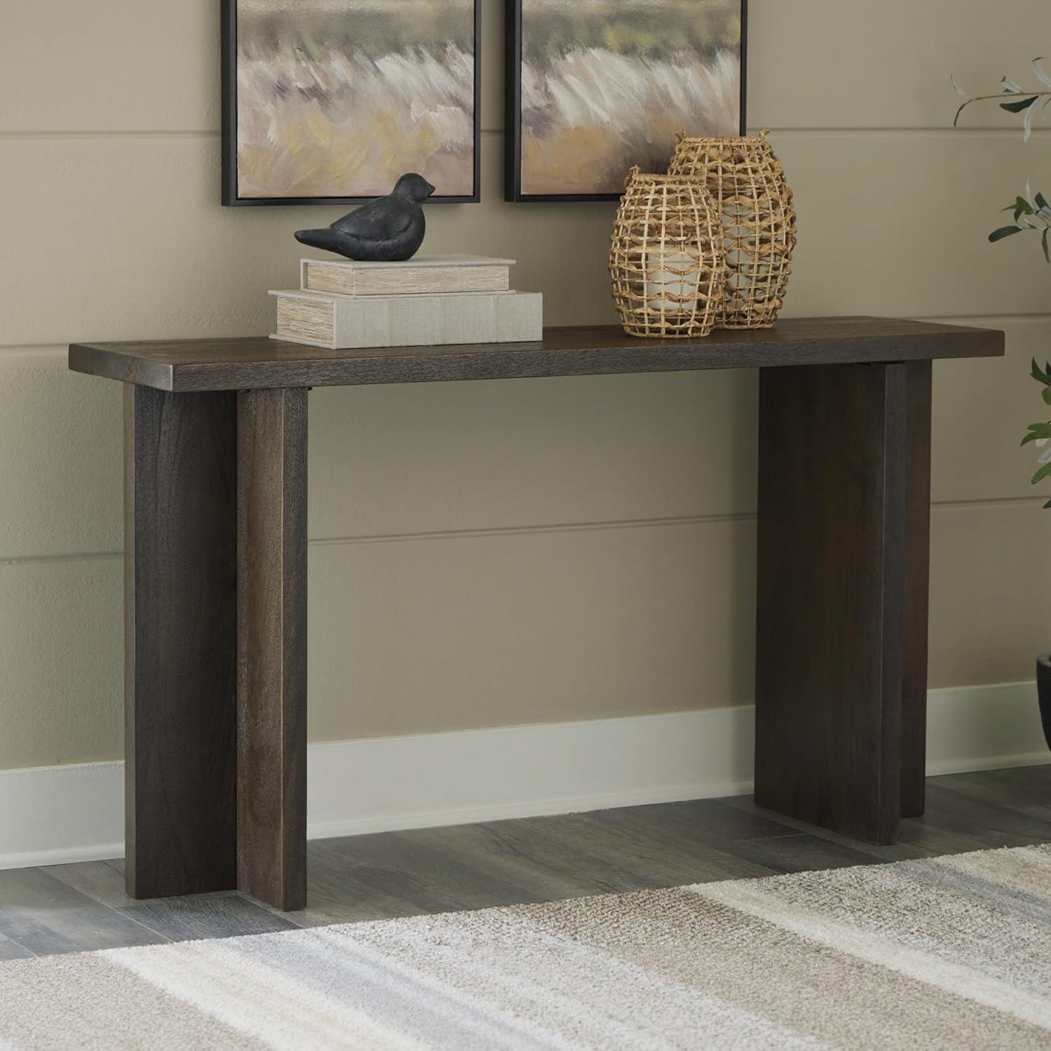 imageSignature Design by Ashley Jalenry Casual Console Sofa Table with T Post Legs and Light Sandblasted Effect Dark Brown