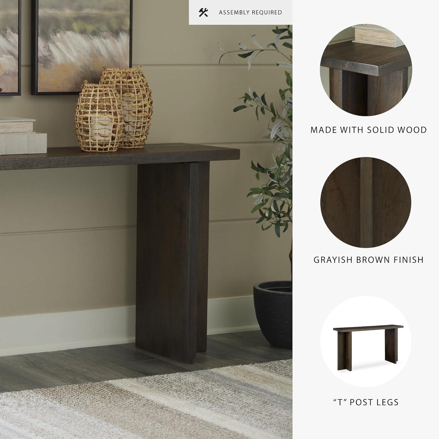 imageSignature Design by Ashley Jalenry Casual Console Sofa Table with T Post Legs and Light Sandblasted Effect Dark Brown